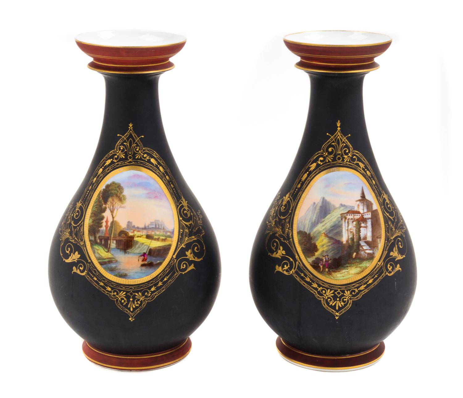A Pair of Continental Painted Porcelain Vases Height 13 inches. — 19TH CENTURY