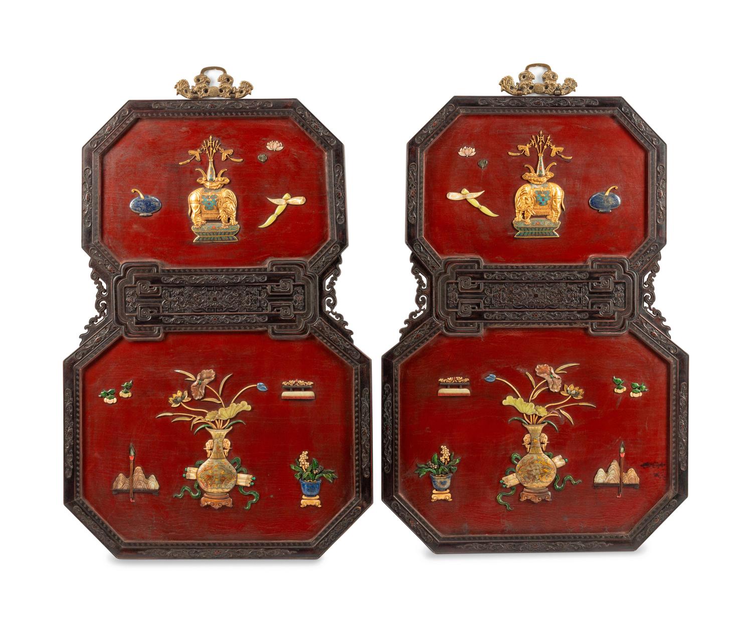 A Pair of Chinese Export Red Lacquered and Inlaid Panels