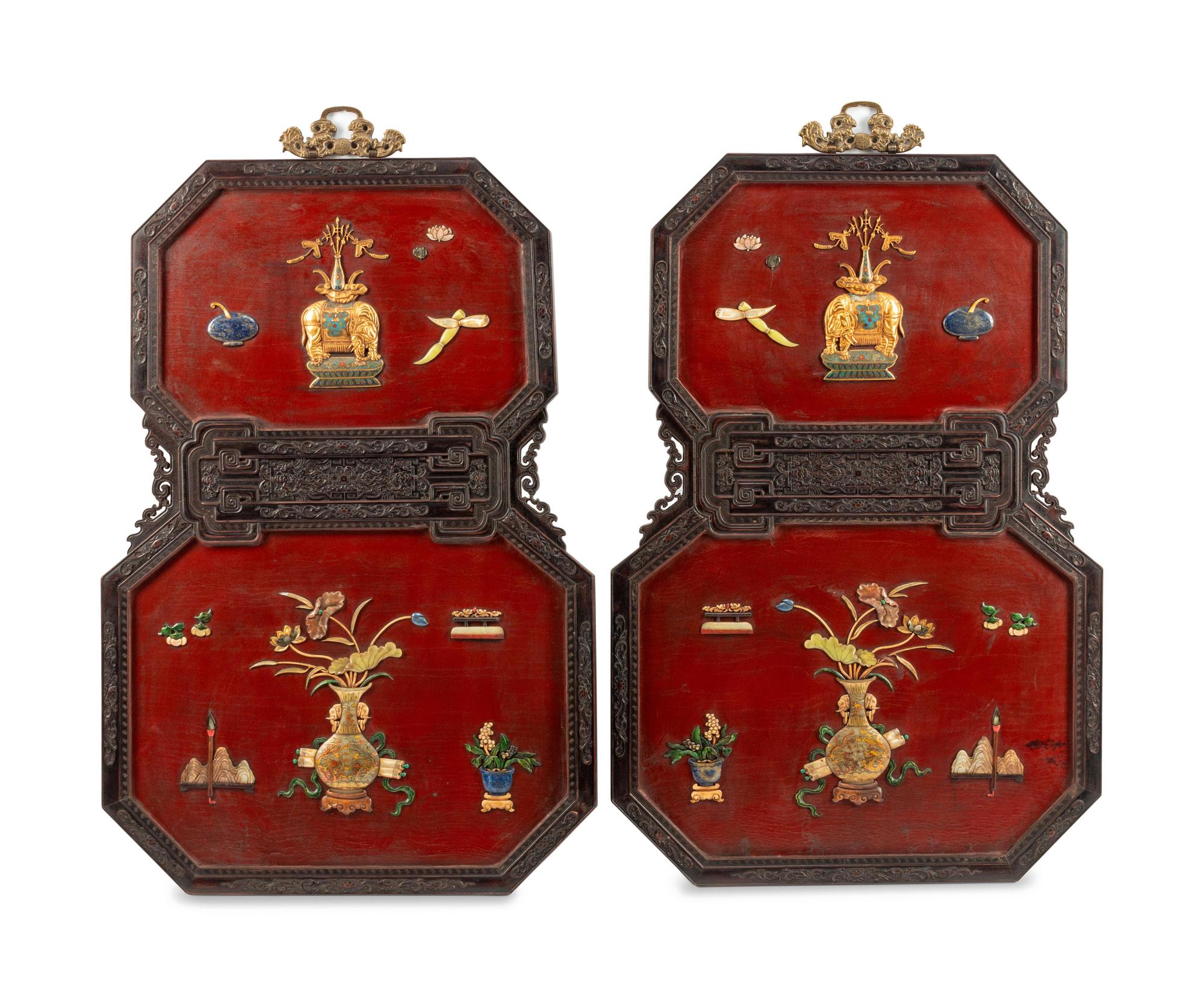 A Pair of Chinese Export Red Lacquered and Inlaid Panels