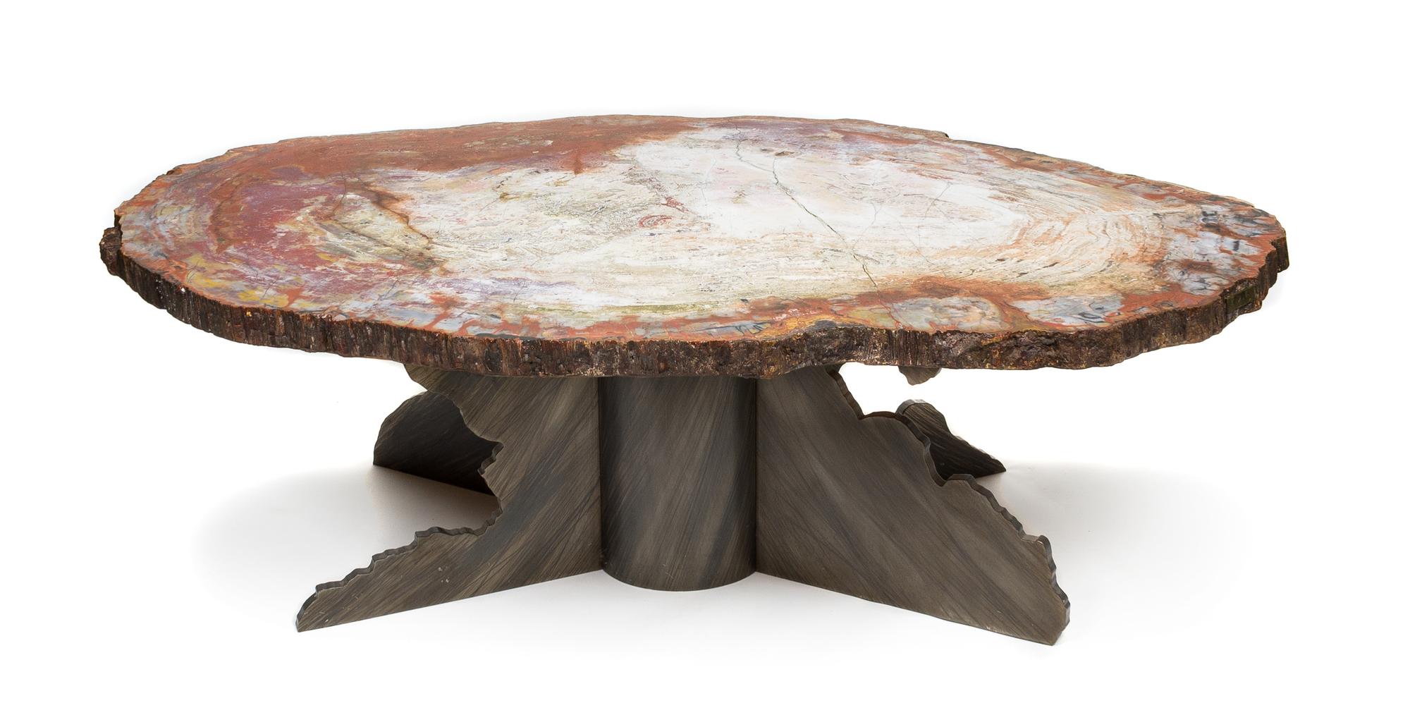 A Fossilized Wood Table Top and Iron X-Form Base Height 19 3/4 x width 33 x depth 61 1/2 inches.