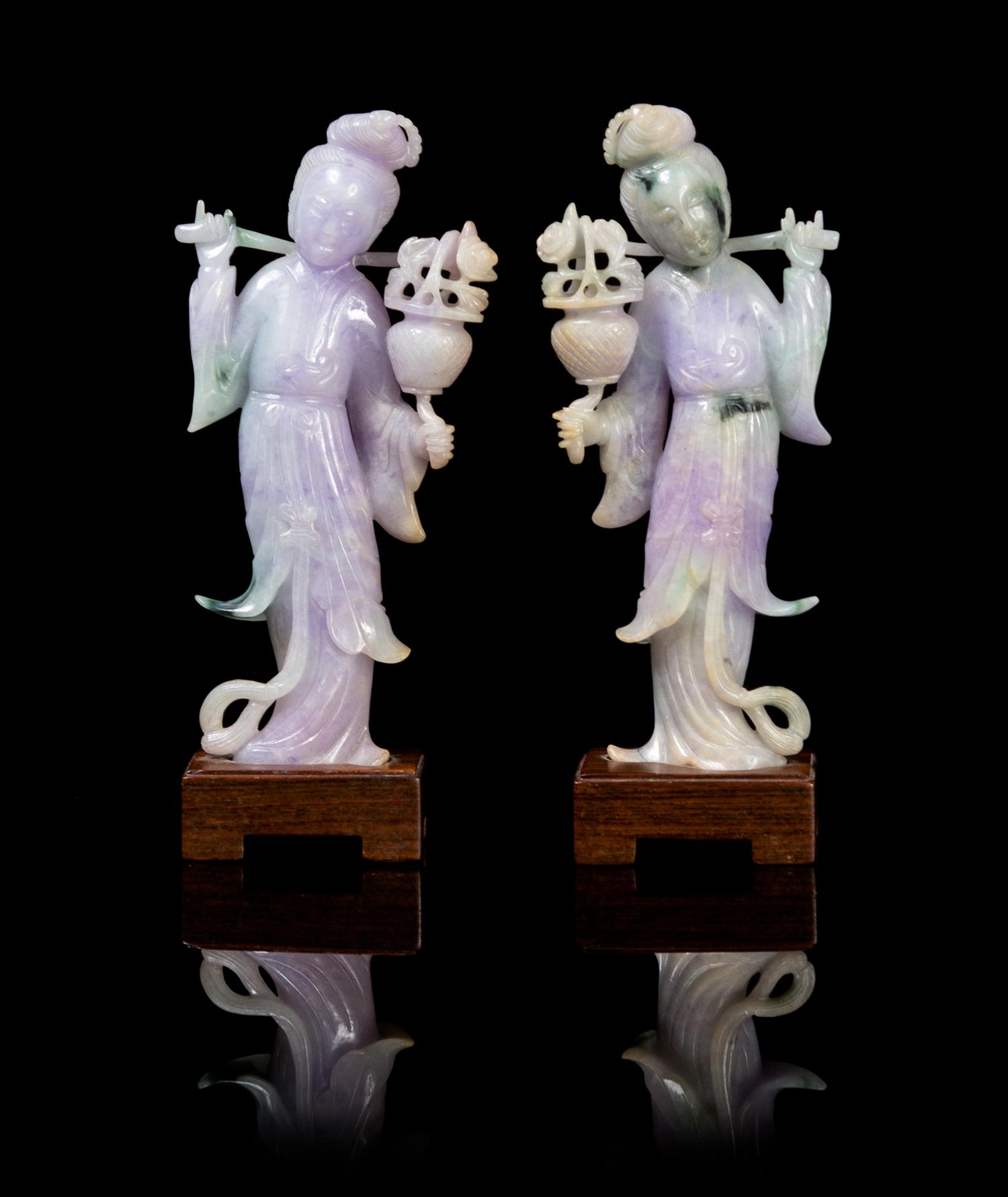 A Matching Pair of Chinese Jadeite Meirens EARLY 20TH CENTURY Height 7 x width 3 inches (with stand). — EARLY 20TH CENTURY