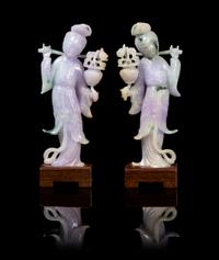 A Matching Pair of Chinese Jadeite Meirens EARLY 20TH CENTURY Height 7 x width 3 inches (with stand). — EARLY 20TH CENTURY