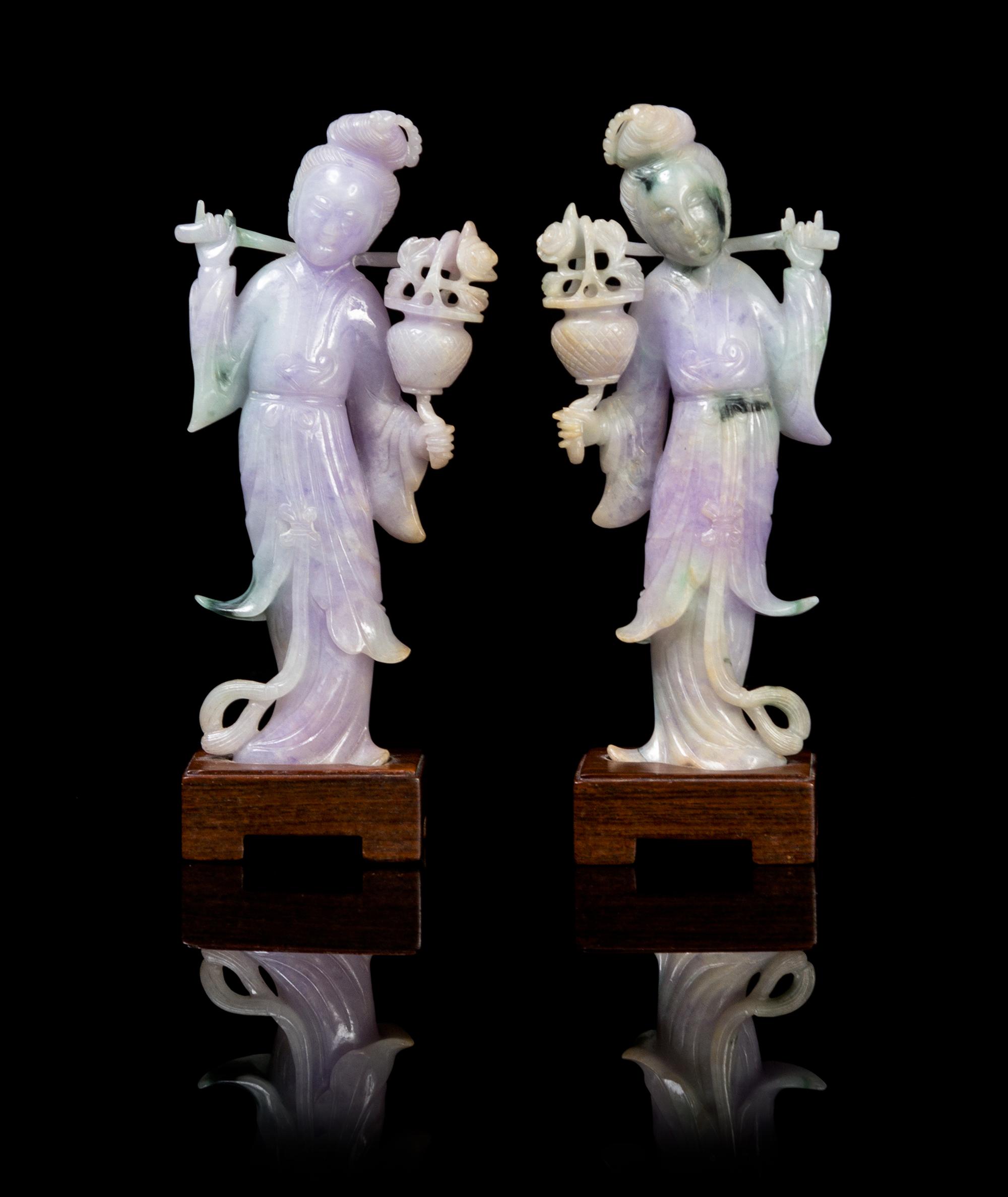 A Matching Pair of Chinese Jadeite Meirens EARLY 20TH CENTURY Height 7 x width 3 inches (with stand). — EARLY 20TH CENTURY