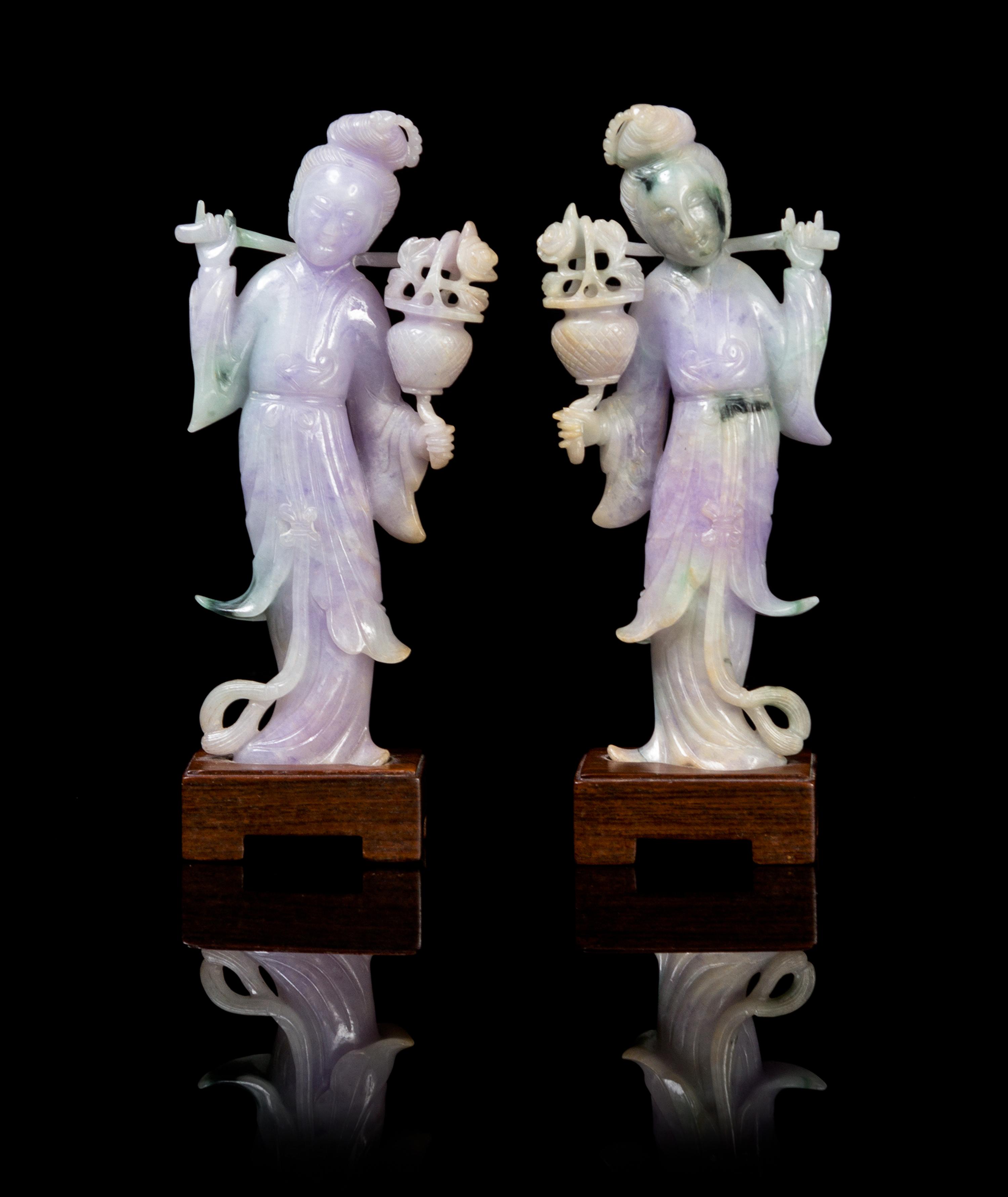 A Matching Pair of Chinese Jadeite Meirens EARLY 20TH CENTURY Height 7 x width 3 inches (with stand). — EARLY 20TH CENTURY