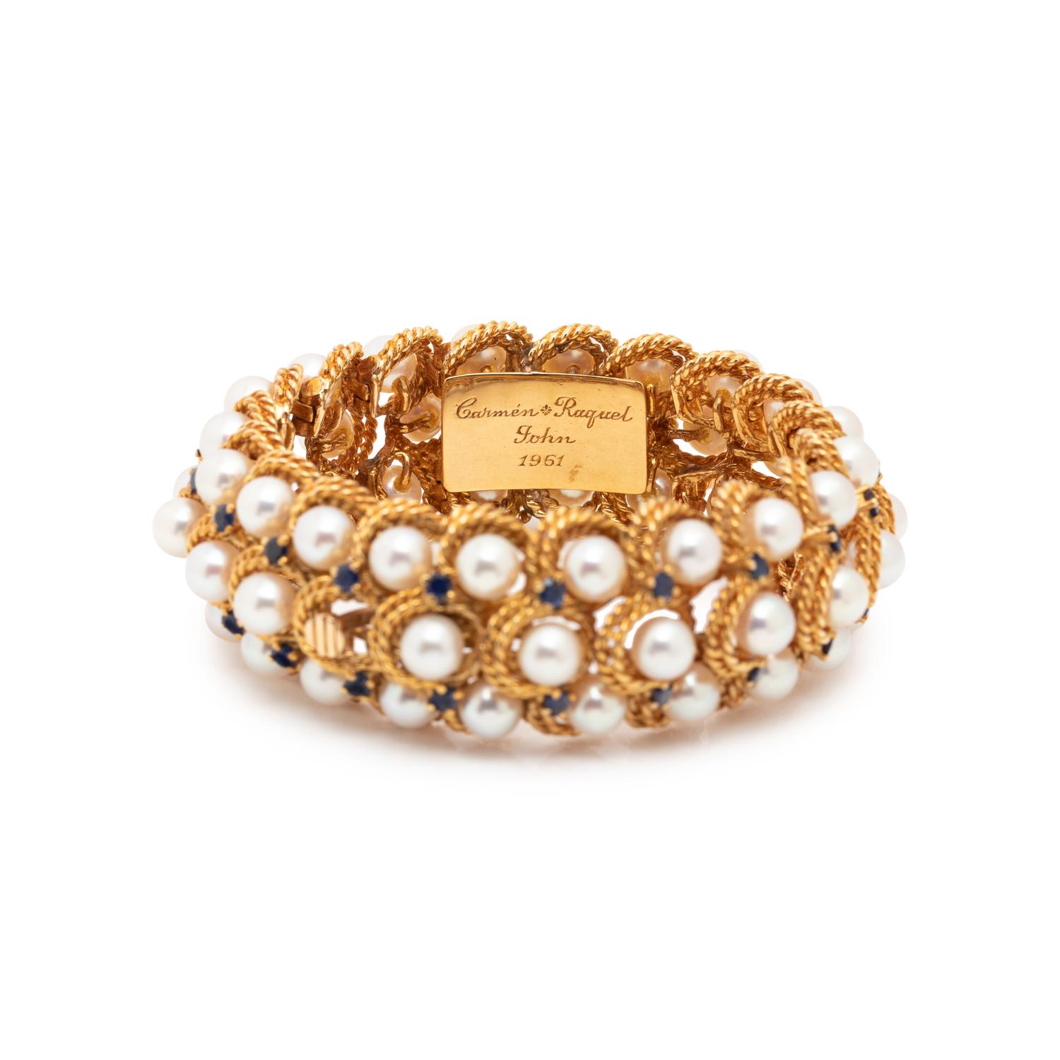 TIFFANY & CO., YELLOW GOLD, CULTURED PEARL AND SAPPHIRE BRACELET
