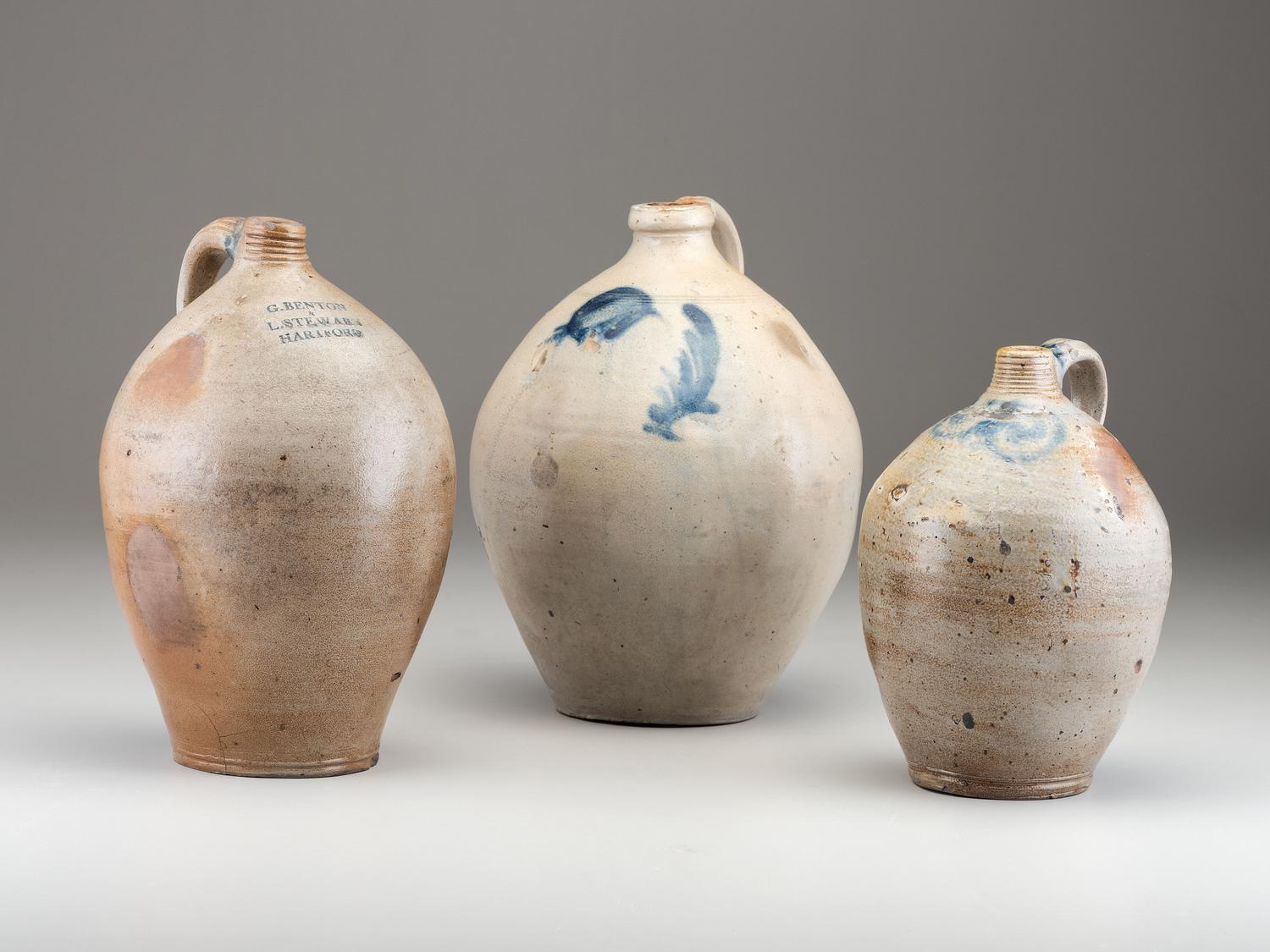 Three Cobalt Decorated Stoneware Jugs