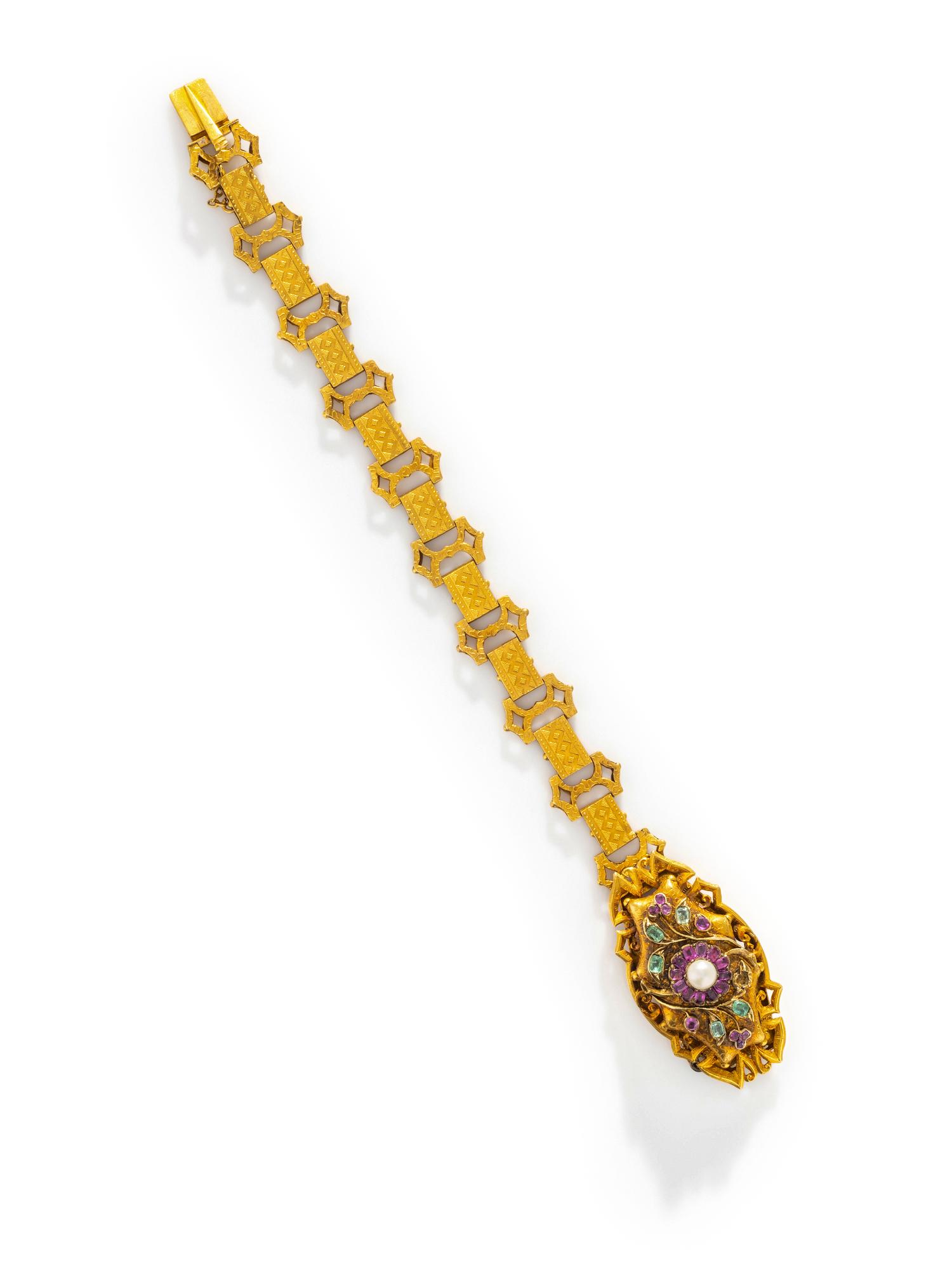 GEORGIAN, RUBY, EMERALD AND PEARL BRACELET