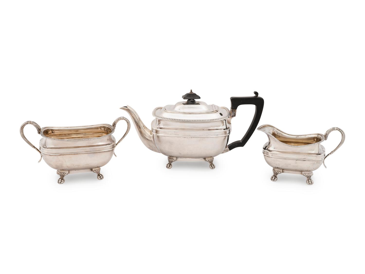 A George V Silver Three-Piece Tea Service — Harrison Brothers, Sheffield, 1927