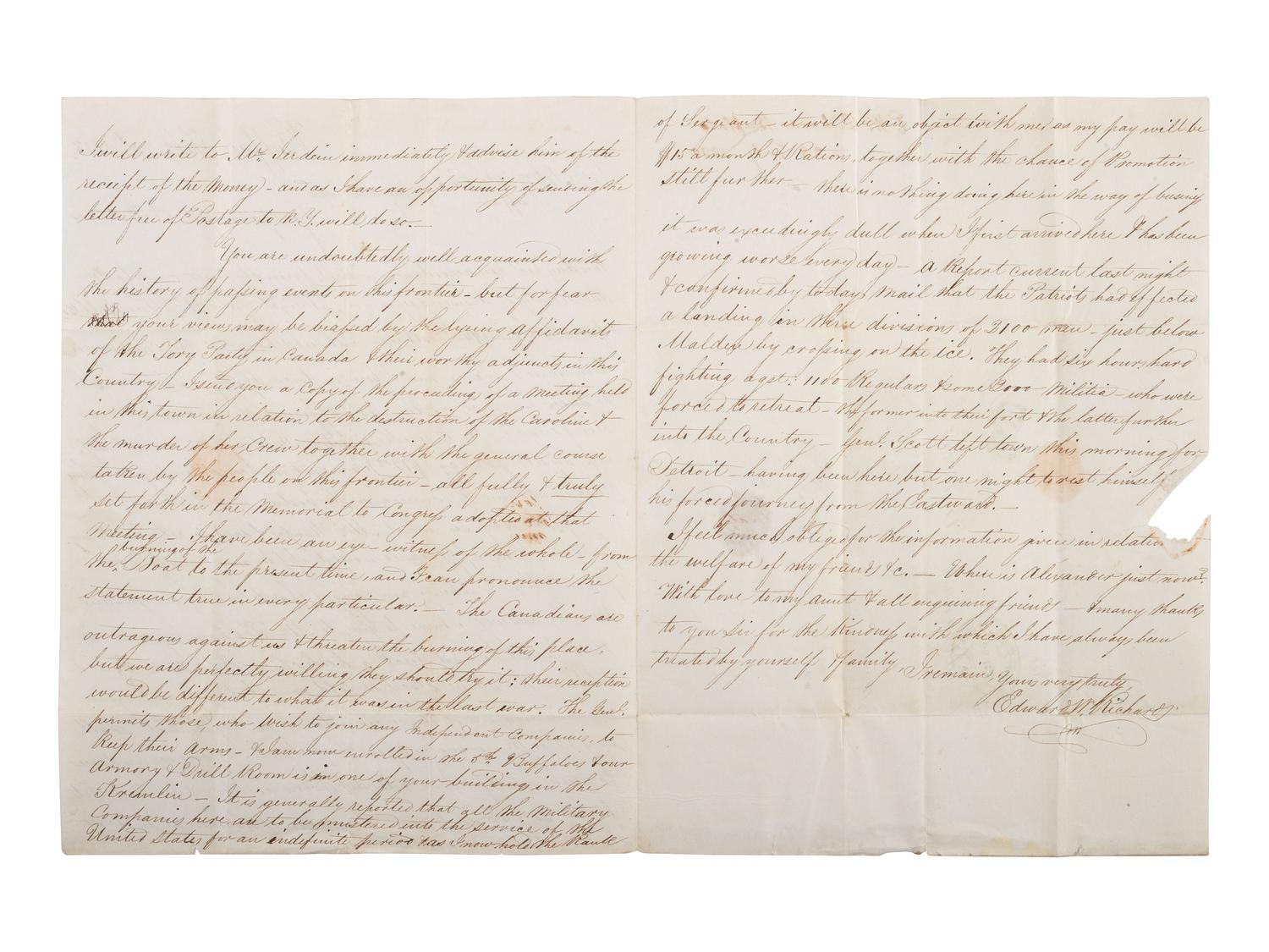 [AROOSTOOK WAR]. ALS describing Canadians threatening to burn towns. Buffalo, NY, 1838.