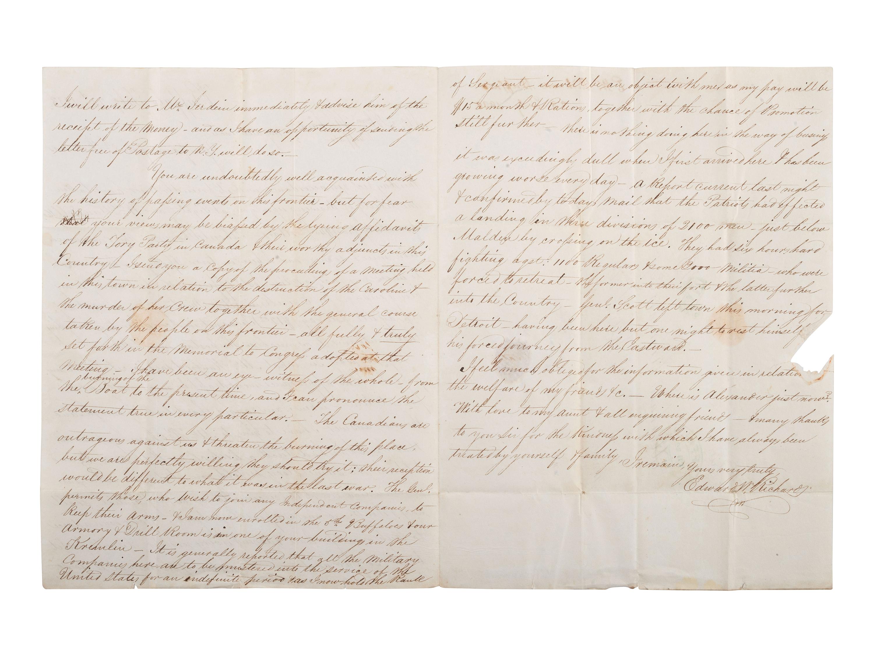 [AROOSTOOK WAR]. ALS describing Canadians threatening to burn towns. Buffalo, NY, 1838.