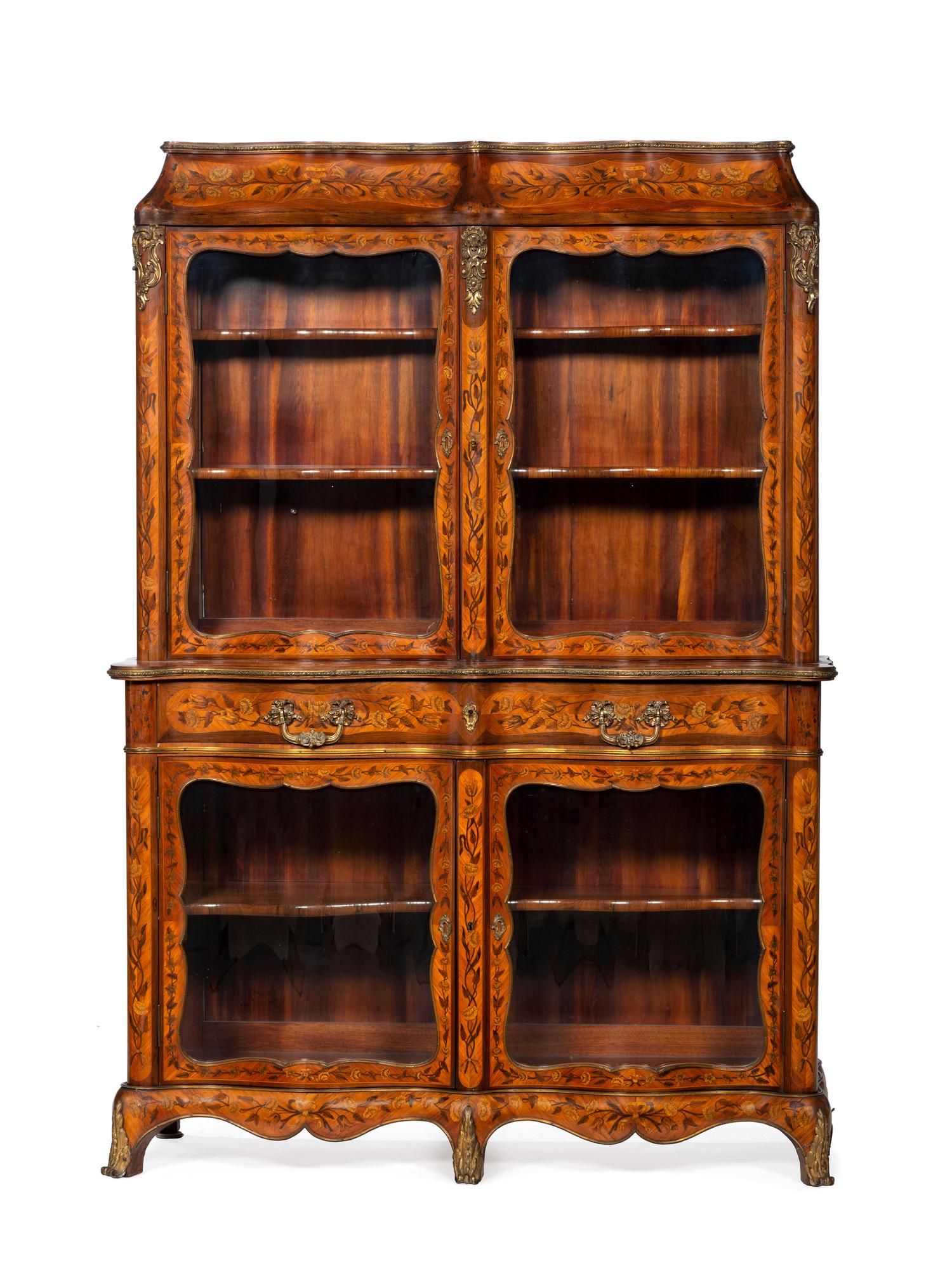 A Louis XV Style Gilt Bronze Mounted Marquetry Serpentine-Front Vitrine Cabinet