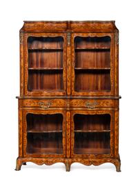 A Louis XV Style Gilt Bronze Mounted Marquetry Serpentine-Front Vitrine Cabinet