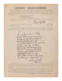 [WESTERN AMERICANA]. Arrest. Stage Robber. Circular issued by J. B. HUME of Wells Fargo & Co., seeking the arrest of "Black Bart." Ca 1877.