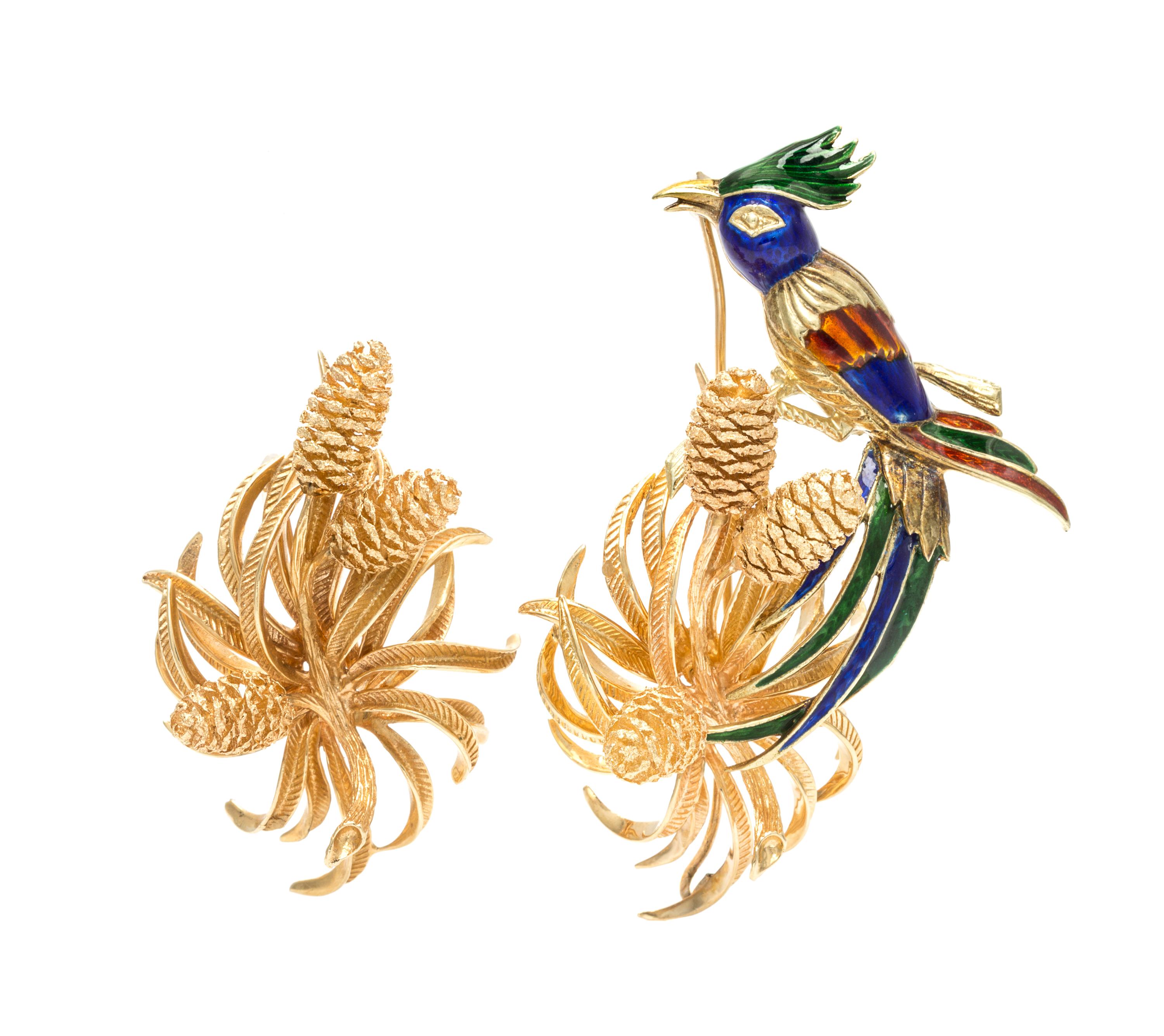 A Collection of 14 Karat Yellow Gold and Polychrome Enamel Brooches, 35.20 dwts.