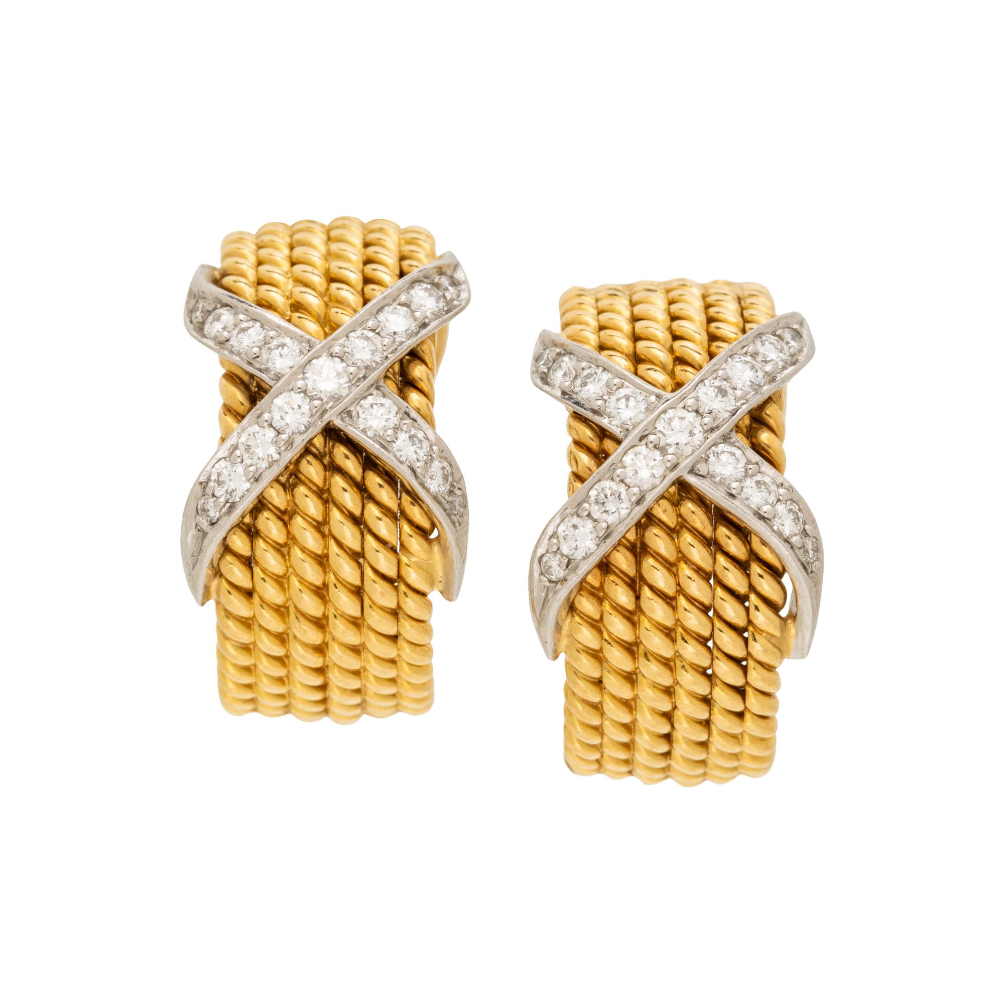 TIFFANY & CO., SCHLUMBERGER, YELLOW GOLD, PLATINUM, AND DIAMOND 'SIX ROW ROPE' CLIPS EARRINGS