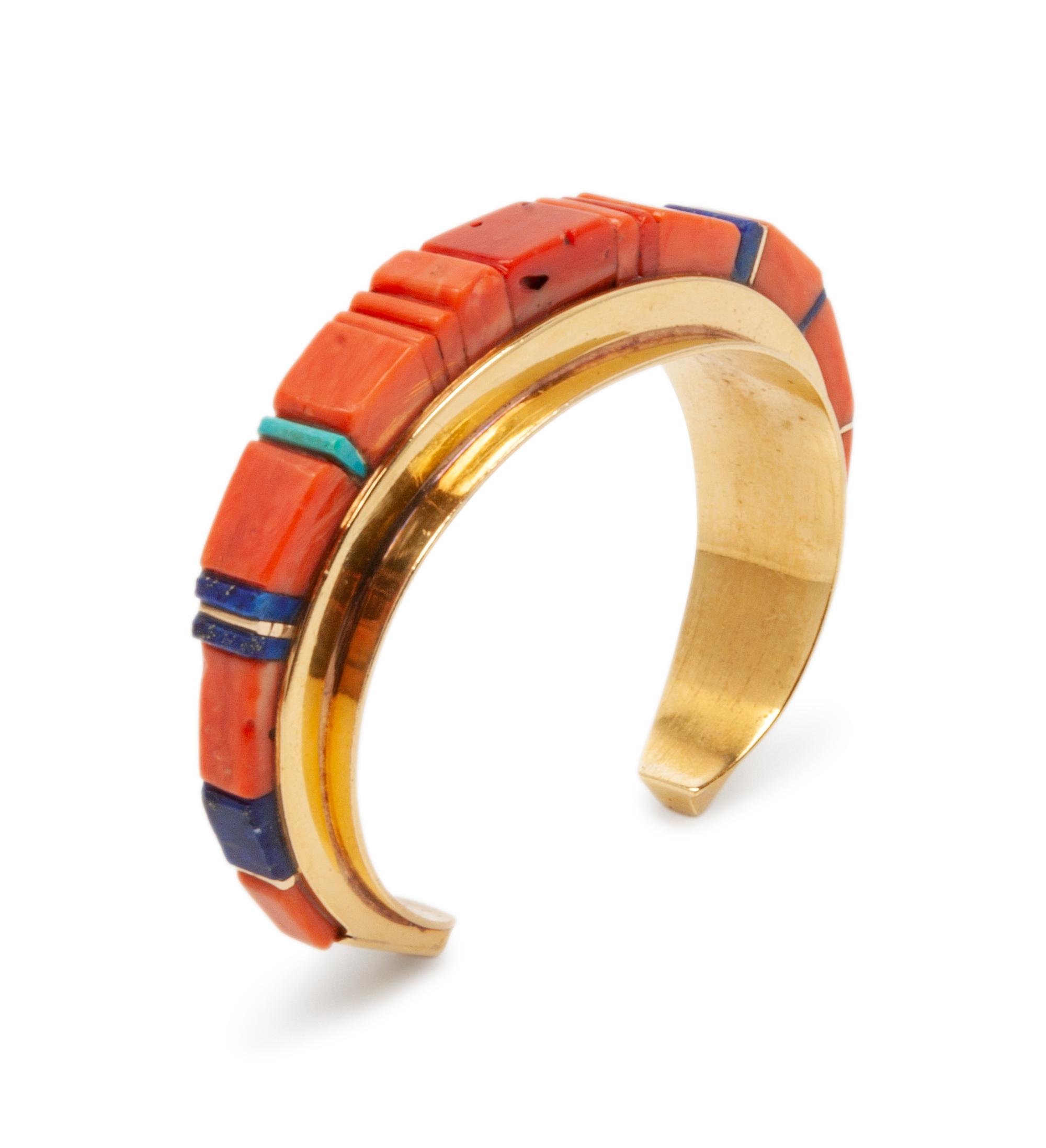 Gold, Coral, Turquoise, and Lapis Inlay Cuff Bracelet