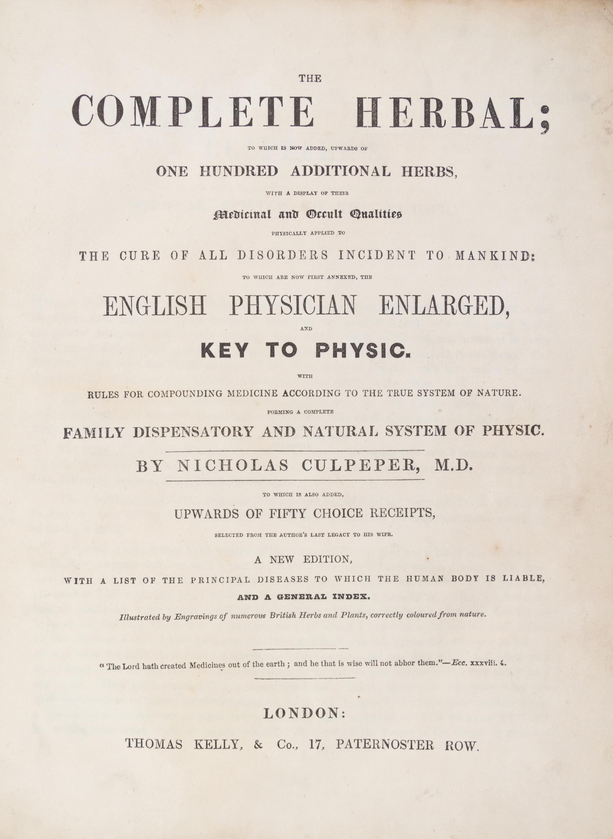 Culpeper, The Complete Herbal. London, n.d. [c. 1850] Complete.