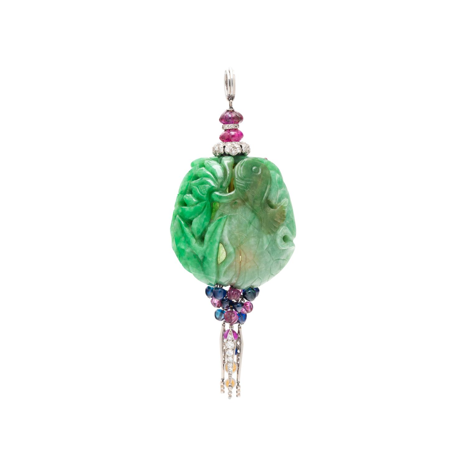 CARTIER, ART DECO, JADE, DIAMOND AND MULTIGEM PENDANT
