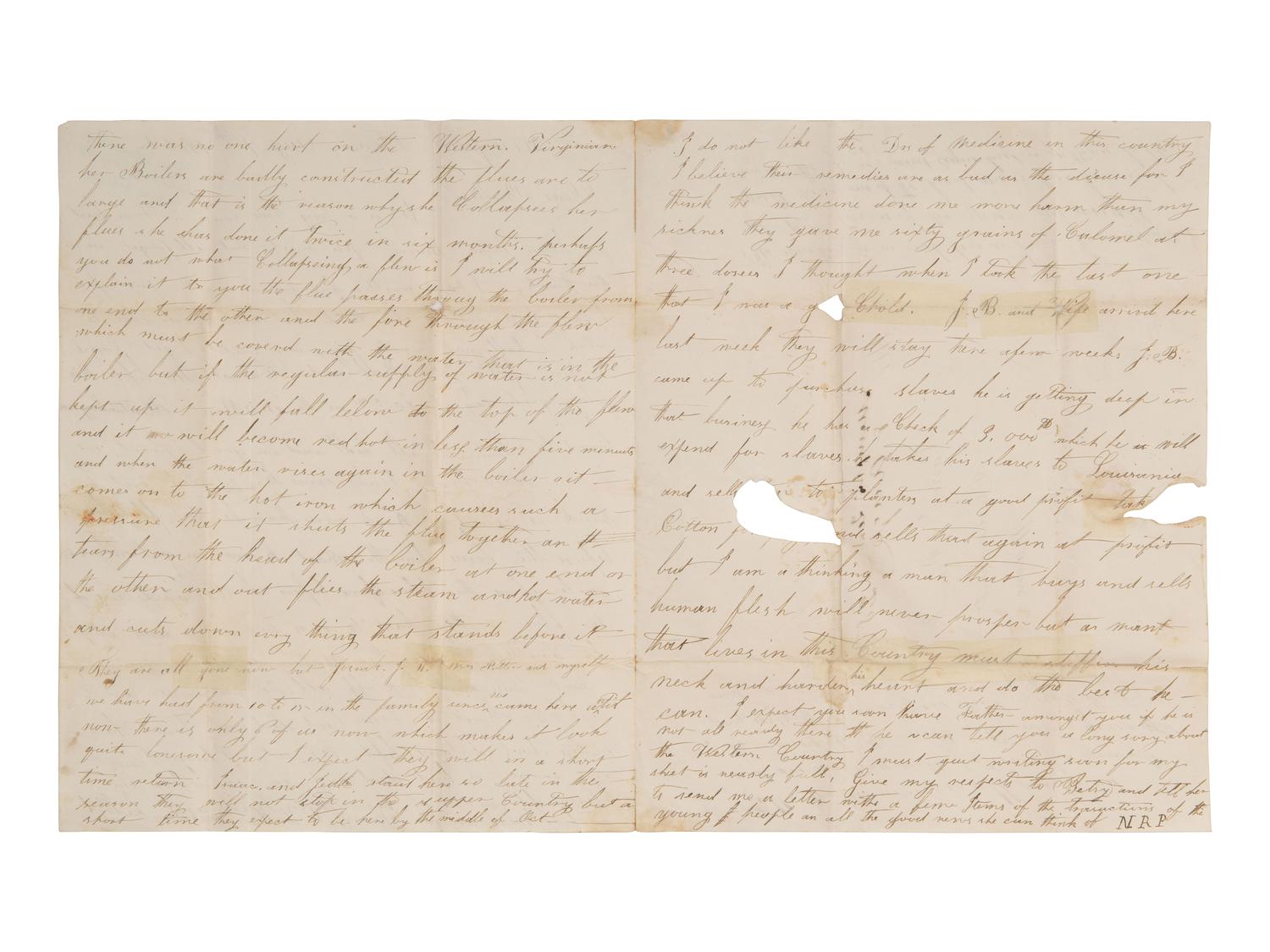 [ENSLAVEMENT]. A letter describing the practice of buying & selling enslaved persons. 7 August 1831.