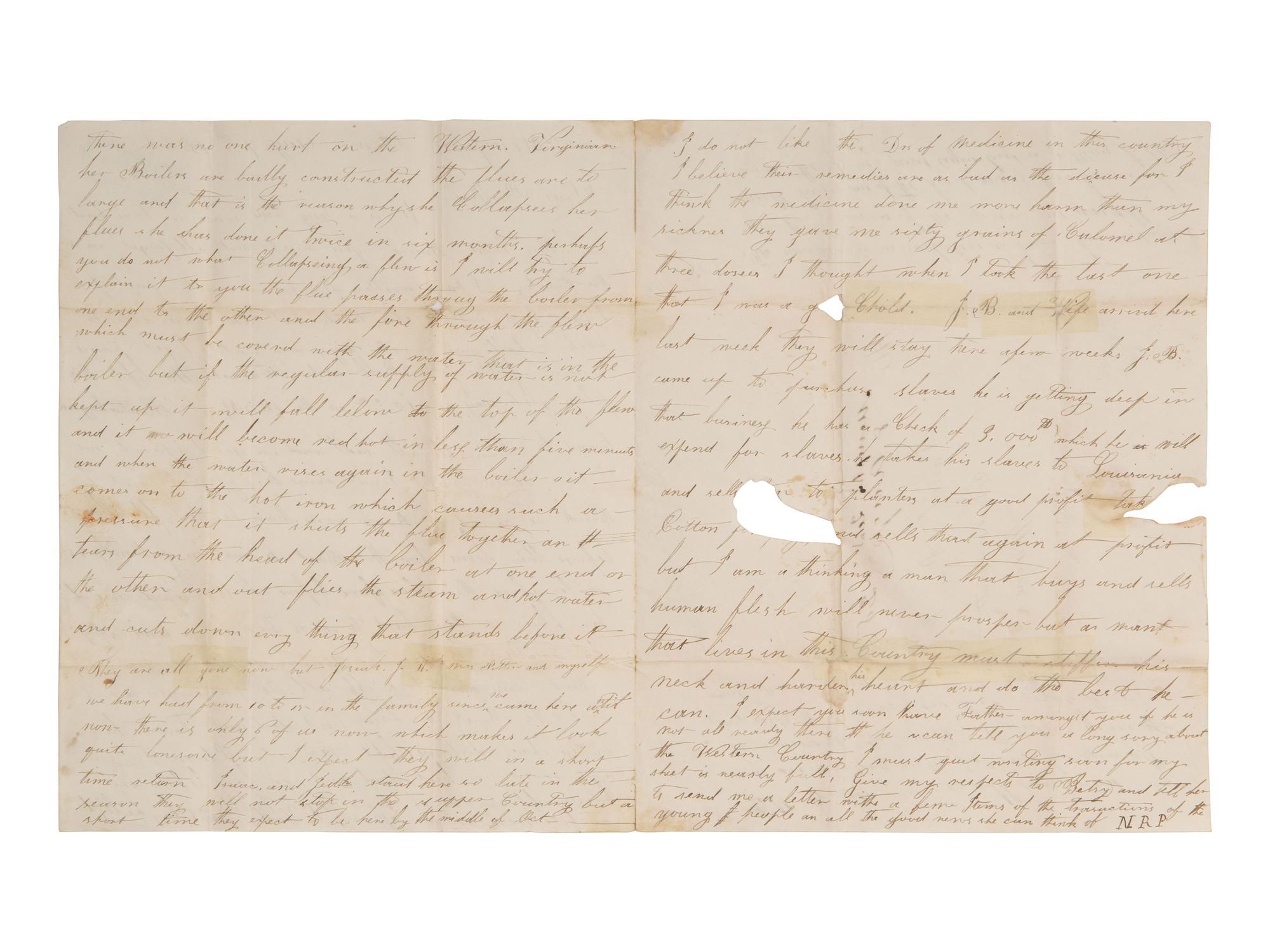 [ENSLAVEMENT]. A letter describing the practice of buying & selling enslaved persons. 7 August 1831.