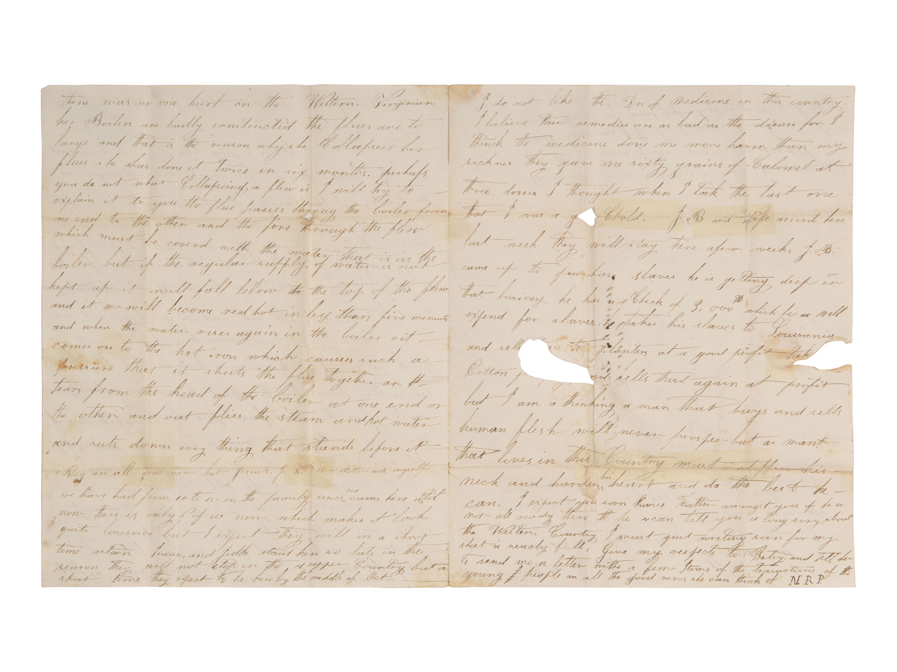 [ENSLAVEMENT]. A letter describing the practice of buying & selling enslaved persons. 7 August 1831.