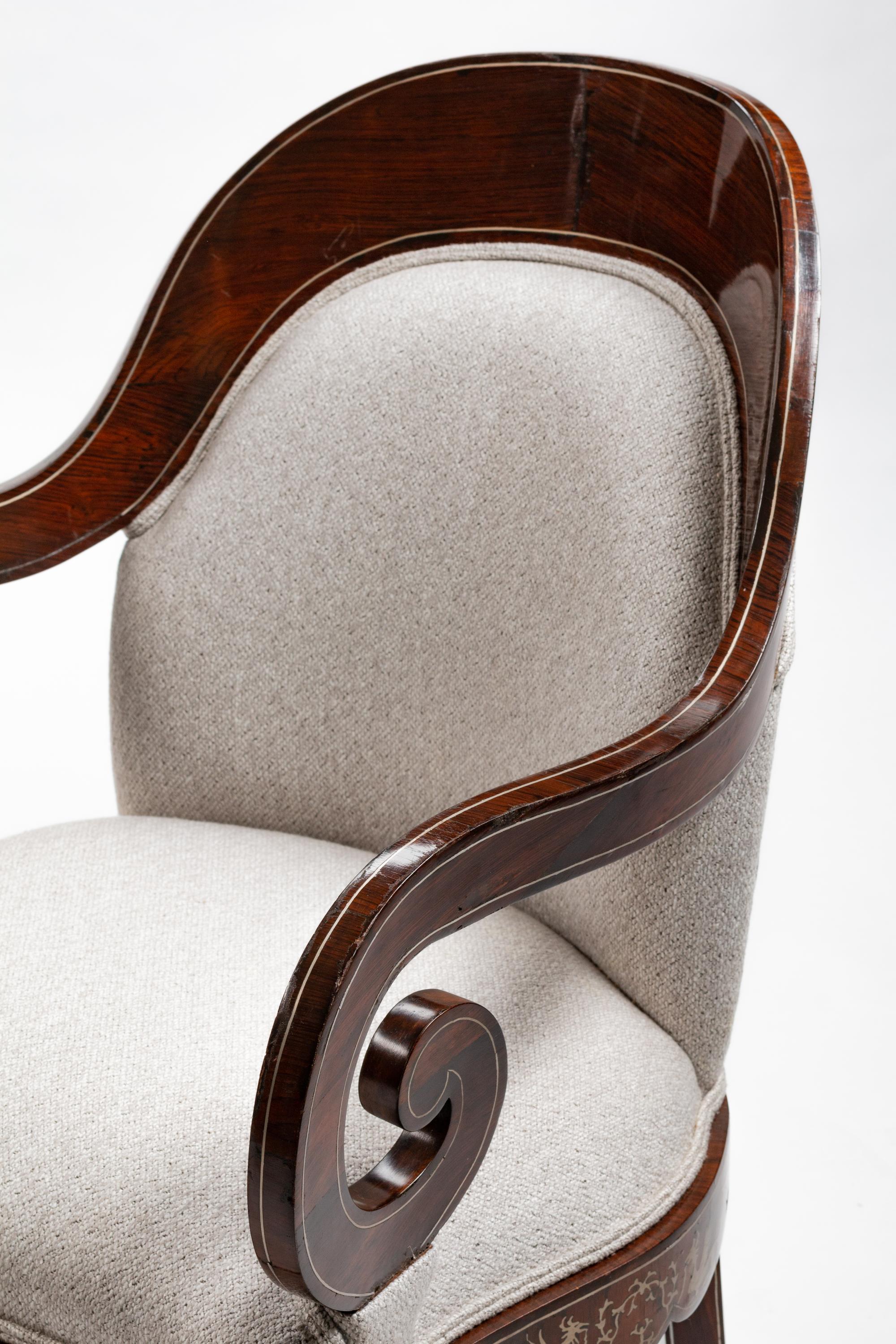 A Pair of Portuguese Pewter-Inlaid Mahogany Armchairs — 19TH CENTURY