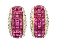 A Pair of 18 Karat Yellow Gold, Ruby and Diamond Earclips, 7.90 dwts.