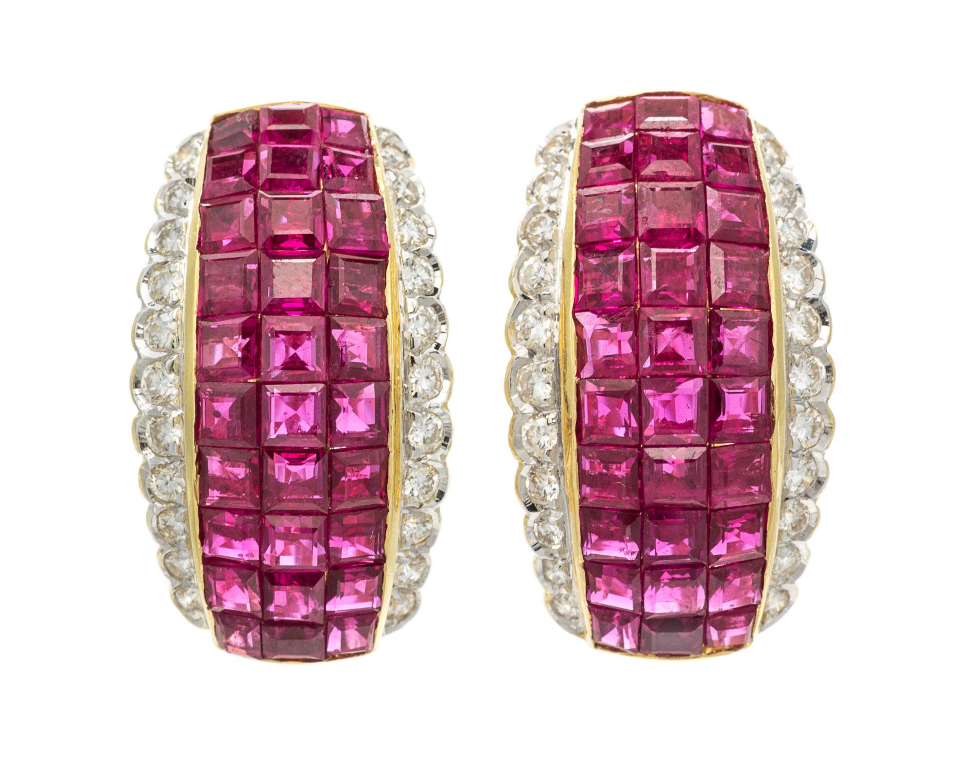 A Pair of 18 Karat Yellow Gold, Ruby and Diamond Earclips, 7.90 dwts.