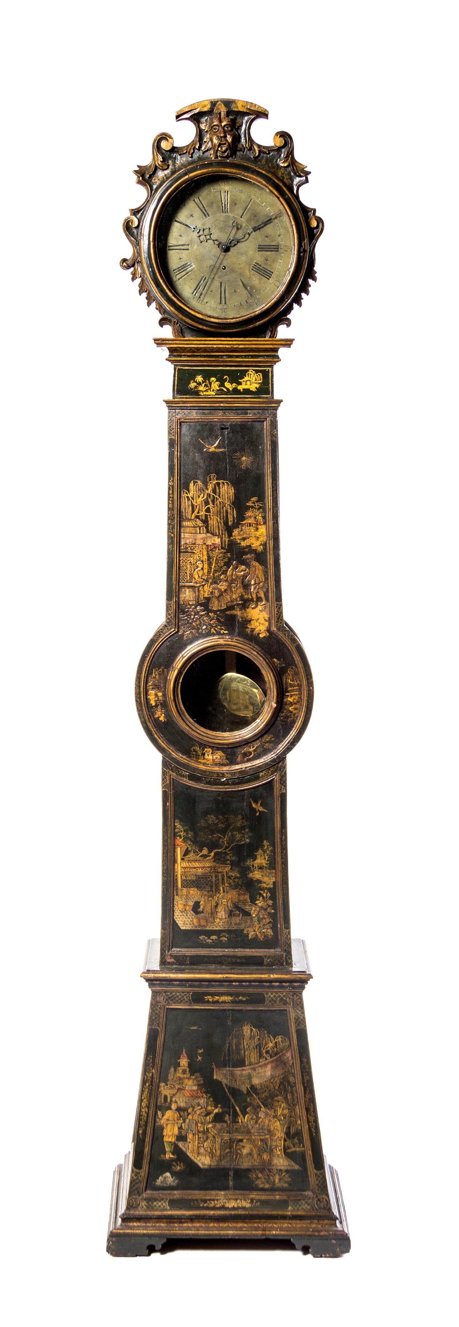 An English Lacquered Tall Case Clock, Height 94 inches.