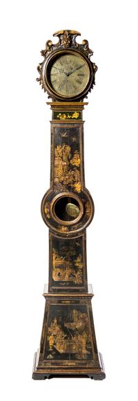 An English Lacquered Tall Case Clock, Height 94 inches.