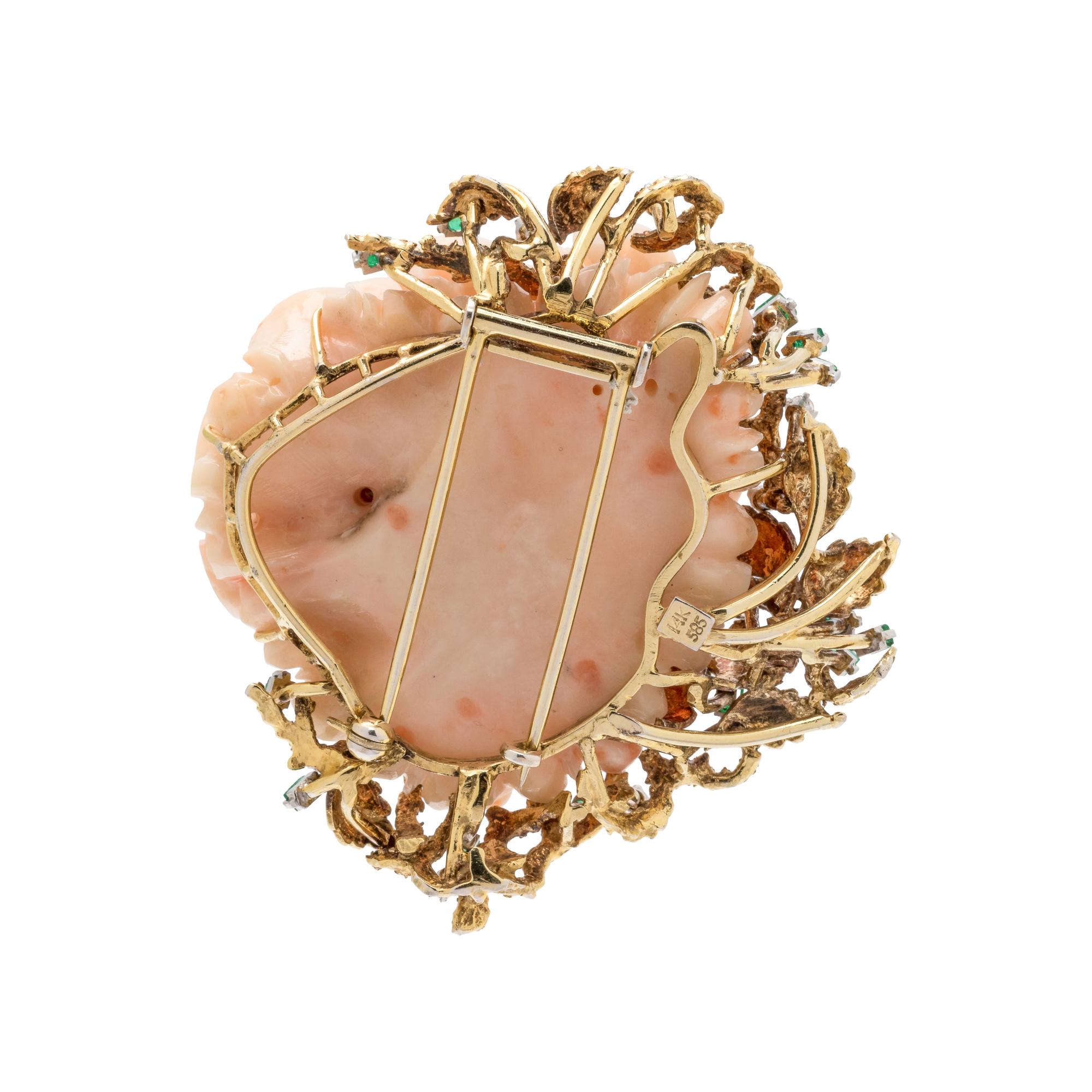 ANGEL SKIN CORAL, EMERALD AND DIAMOND BROOCH