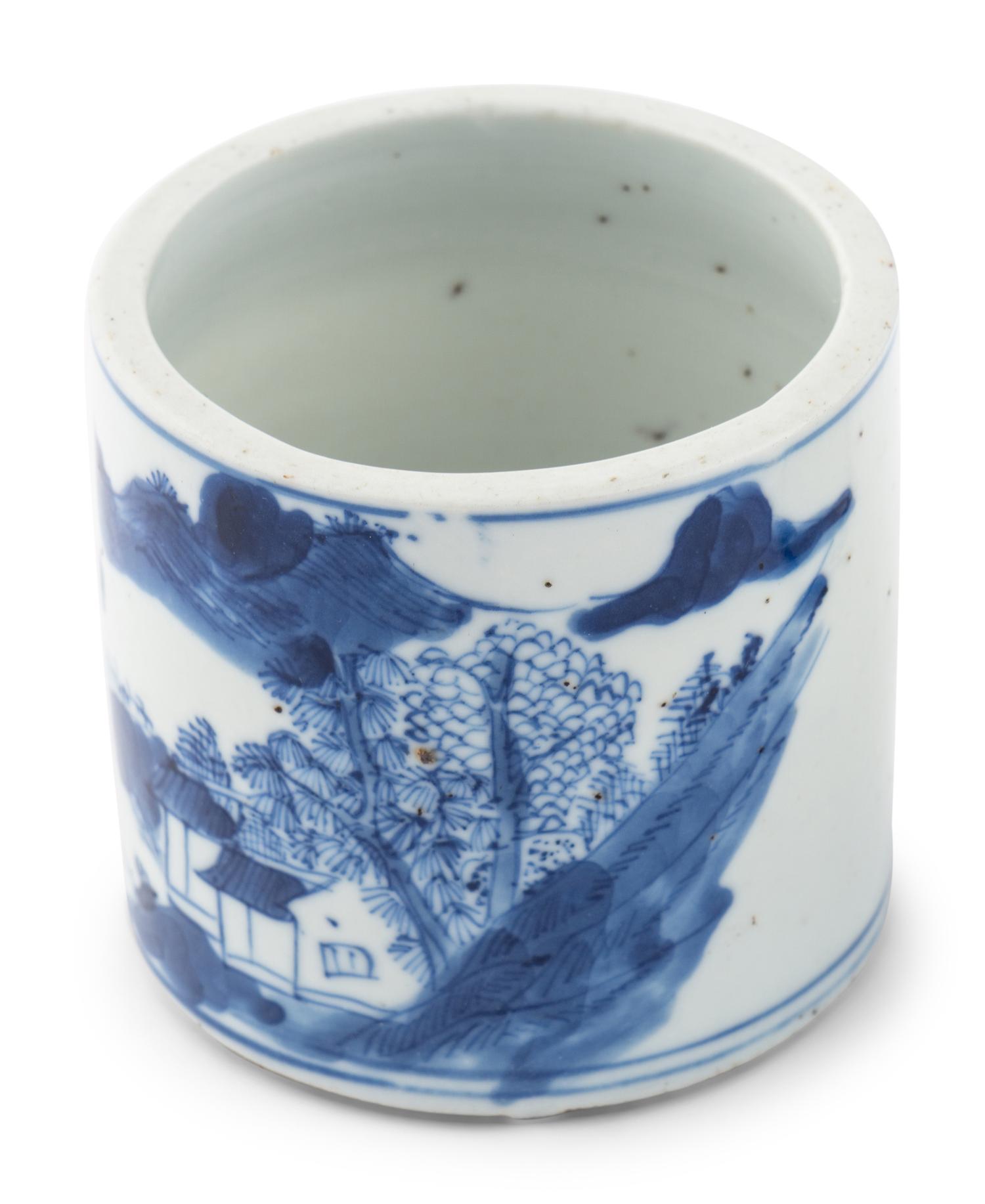 A Group of Five Chinese Blue and White Porcelain Brush Pots with One Vase