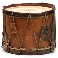 Civil War painted military snare drum featuring four drummers and officer. Manufactured by W.G. Metzerott & Co., Washington City, DC.