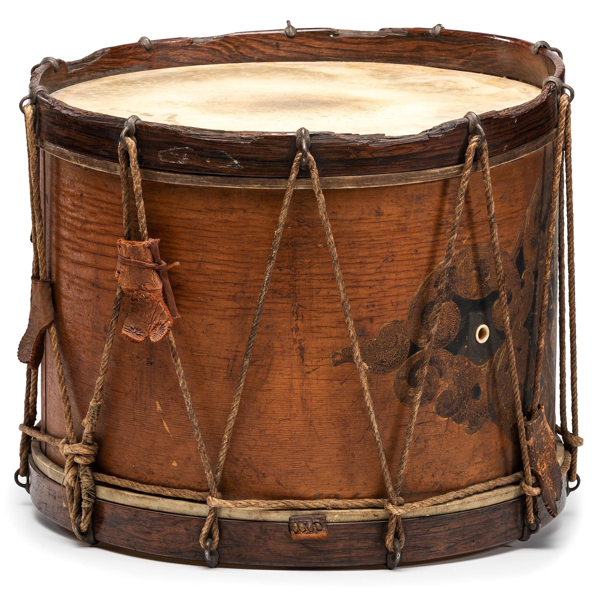 Civil War painted military snare drum featuring four drummers and officer. Manufactured by W.G. Metzerott & Co., Washington City, DC.