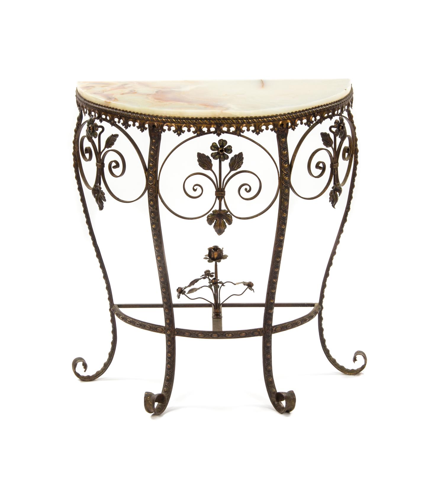 A Wrought Iron and Metal Console Table, Height 30 1/4 x width 27 x depth 13 inches.