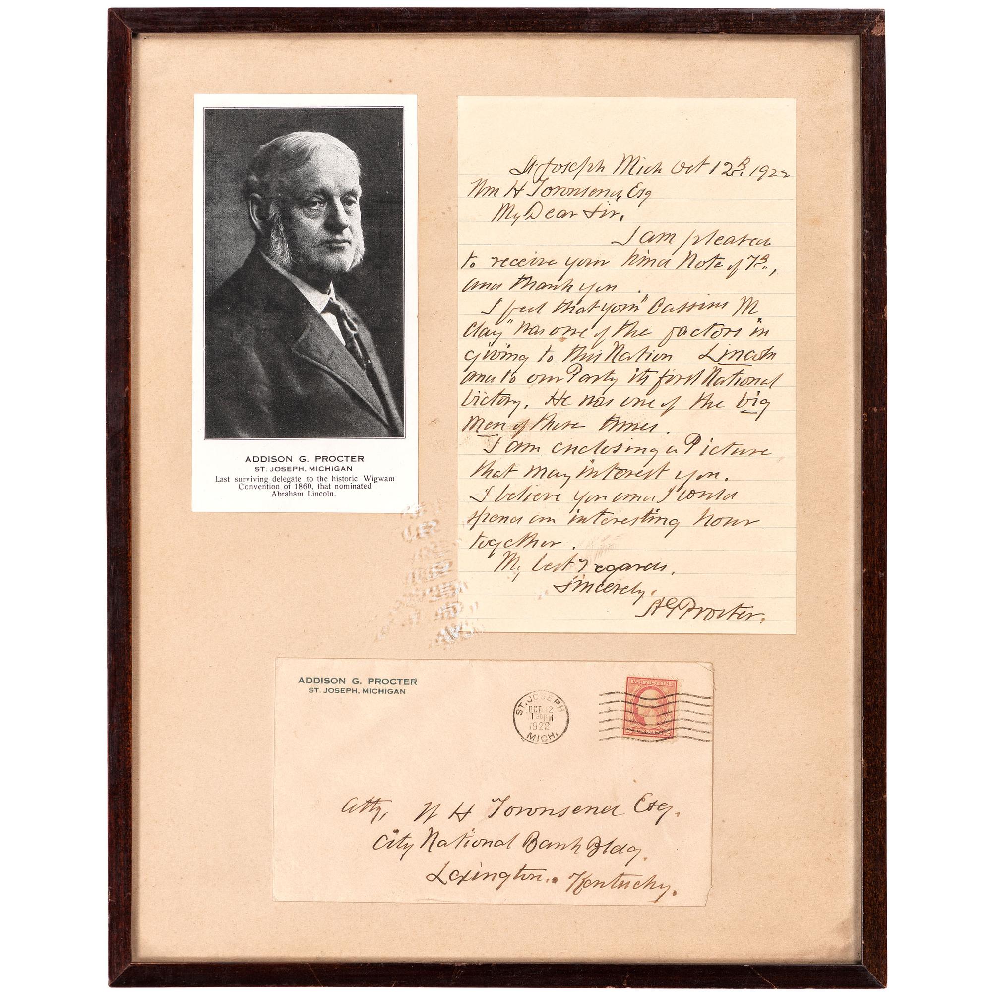 PROCTER, Addison G. (1838-1925). Autograph letter signed ("AG Procter") to William H. Townsend. St. Joseph, Michigan, 12 October 1922.