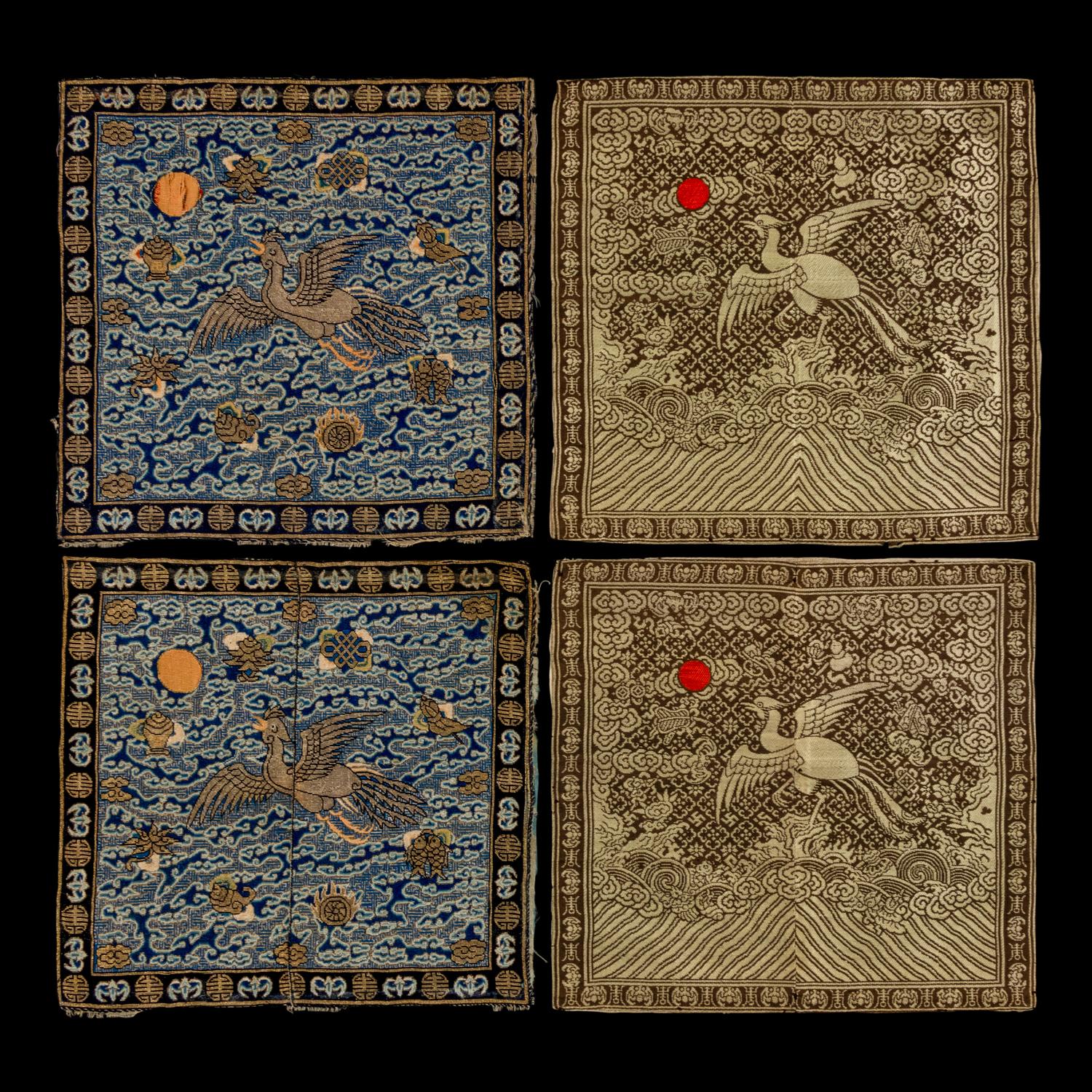 Two Pairs of Chinese Silk Brocade Civil Official's Rank Badges, 19th Century 清晚期 織錦文官補子兩對