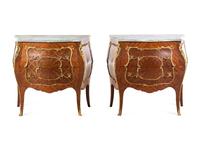 A Pair of Louis XV Style Gilt Bronze Mounted Marble-Top Bombe Commodes