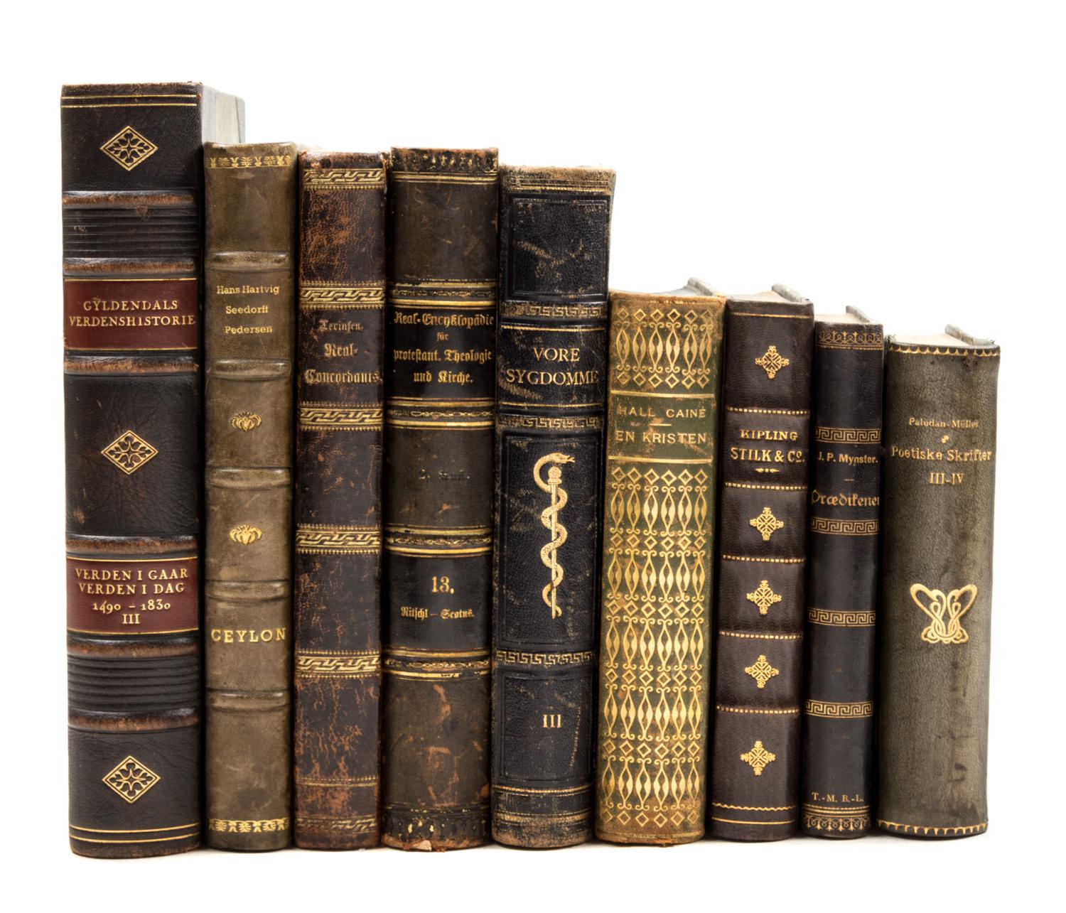 (BINDINGS) A group of nine volumes bound in varying shades of green leather, largely Danish language.