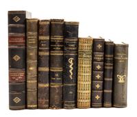 (BINDINGS) A group of nine volumes bound in varying shades of green leather, largely Danish language.