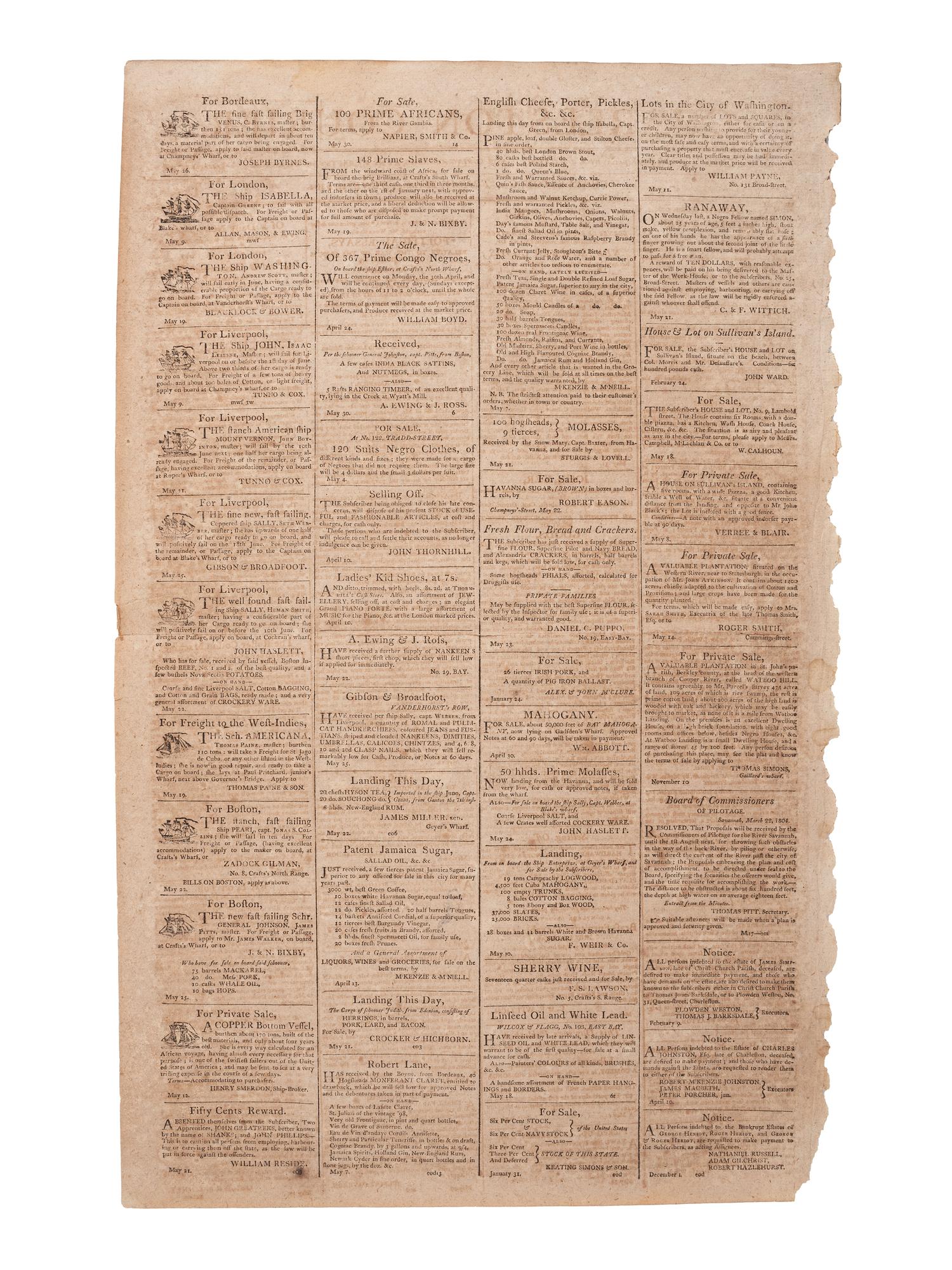 [SLAVERY & ABOLITION]. Charleston Courier. Vol. 2, No. 128. Charleston, SC: A.S. Willington, 31 May 1804.