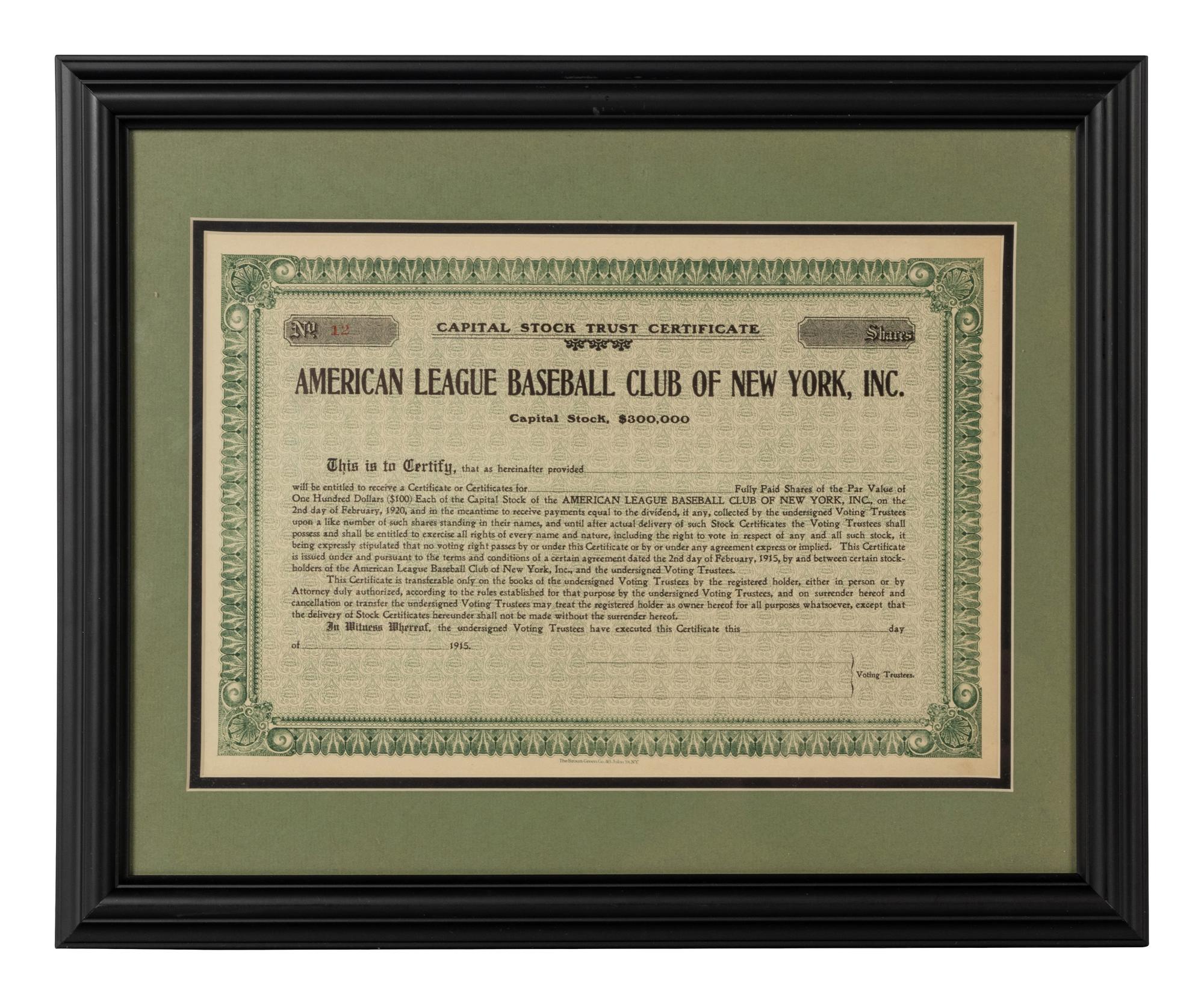 A 1915 New York Yankees Stock Certificate,