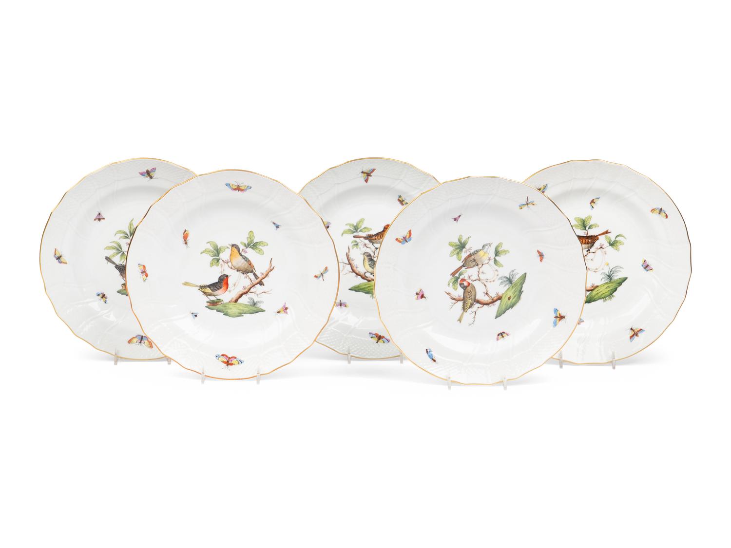 A Set of Five Herend Rothschild Bird Porcelain Pasta Plates