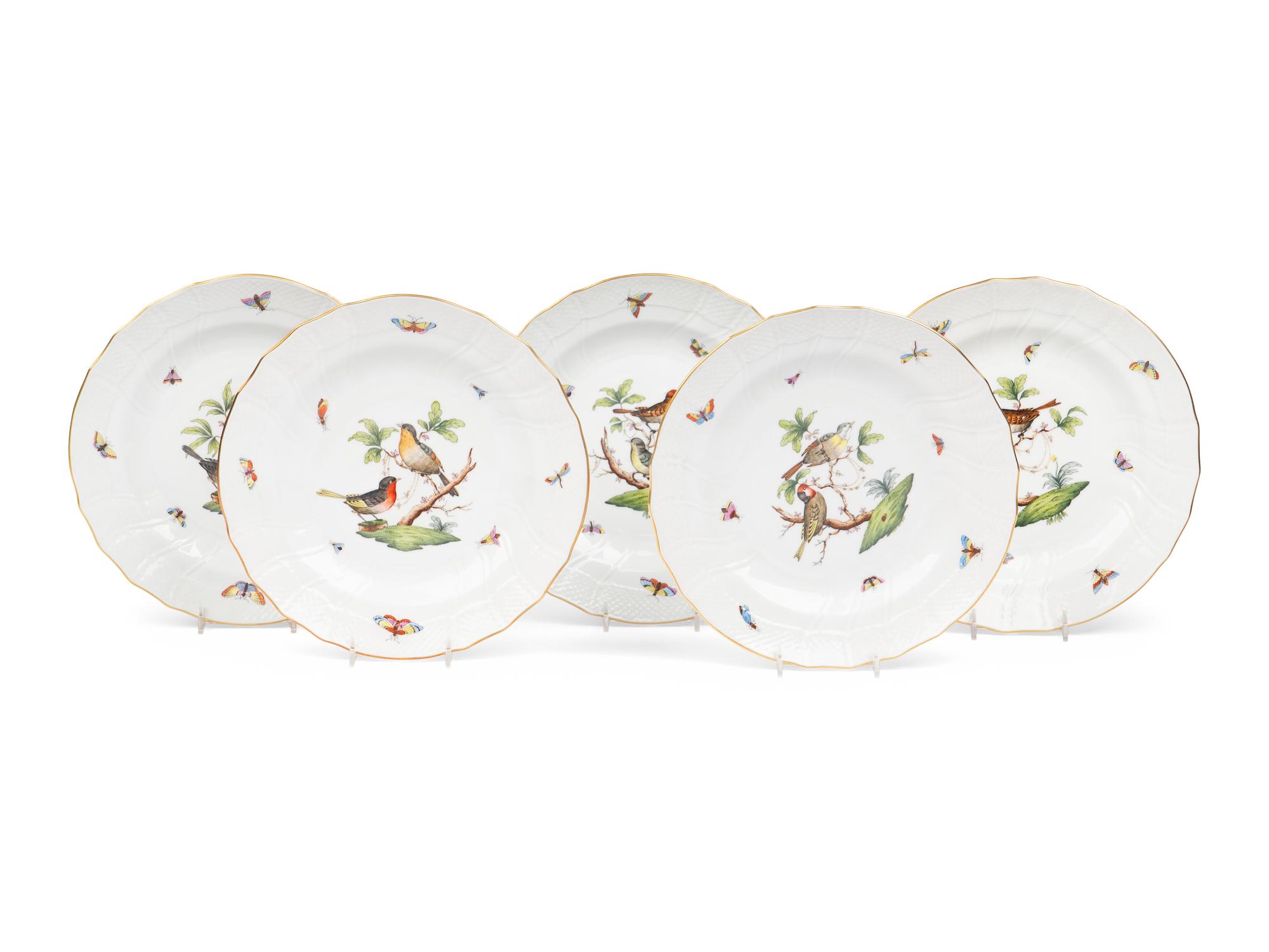 A Set of Five Herend Rothschild Bird Porcelain Pasta Plates