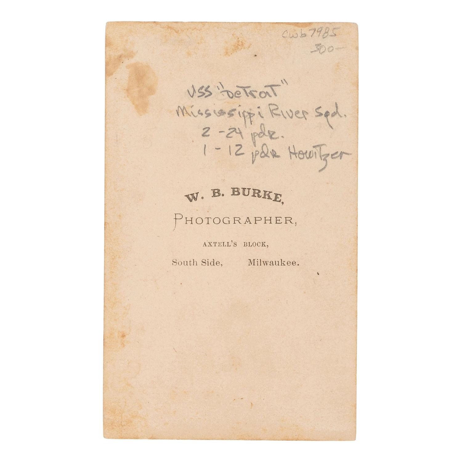 [EARLY PHOTOGRAPHY] -- [US NAVY]. CDV of USS Detroit . Milwaukee, Wisconsin: W.B. Burke, [1860s].