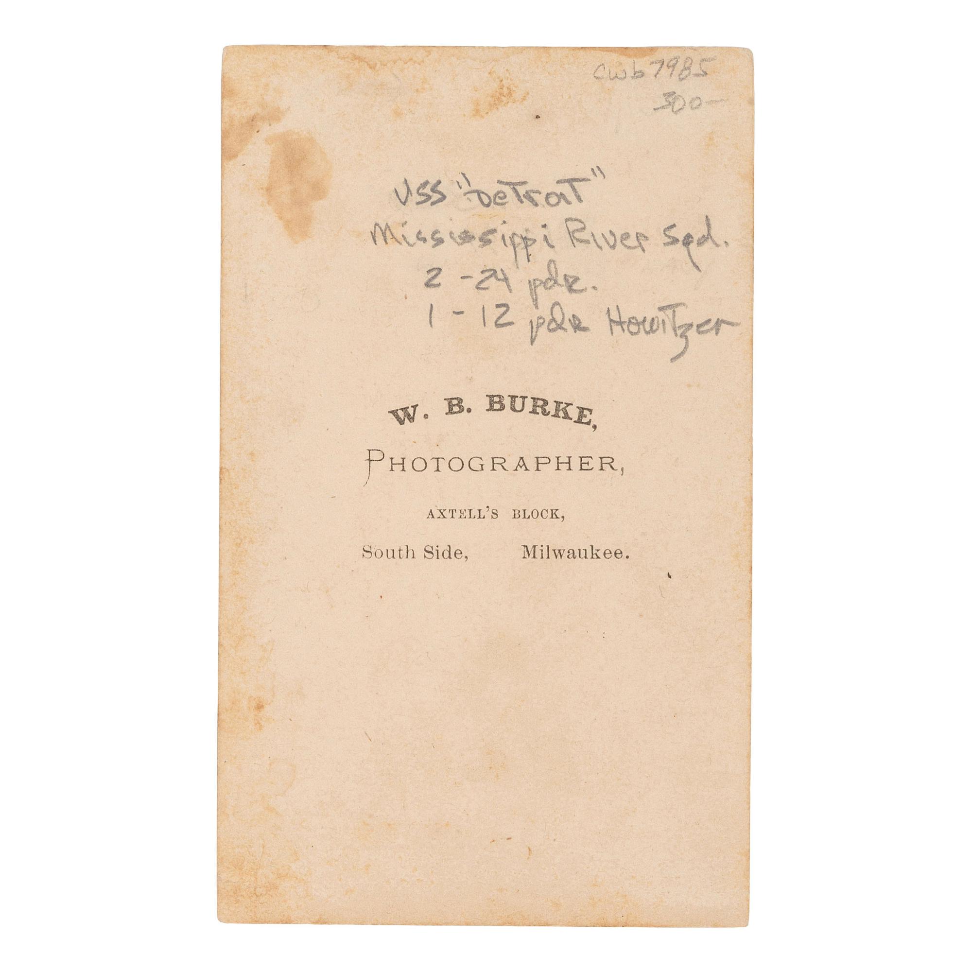 [EARLY PHOTOGRAPHY] -- [US NAVY]. CDV of USS Detroit . Milwaukee, Wisconsin: W.B. Burke, [1860s].