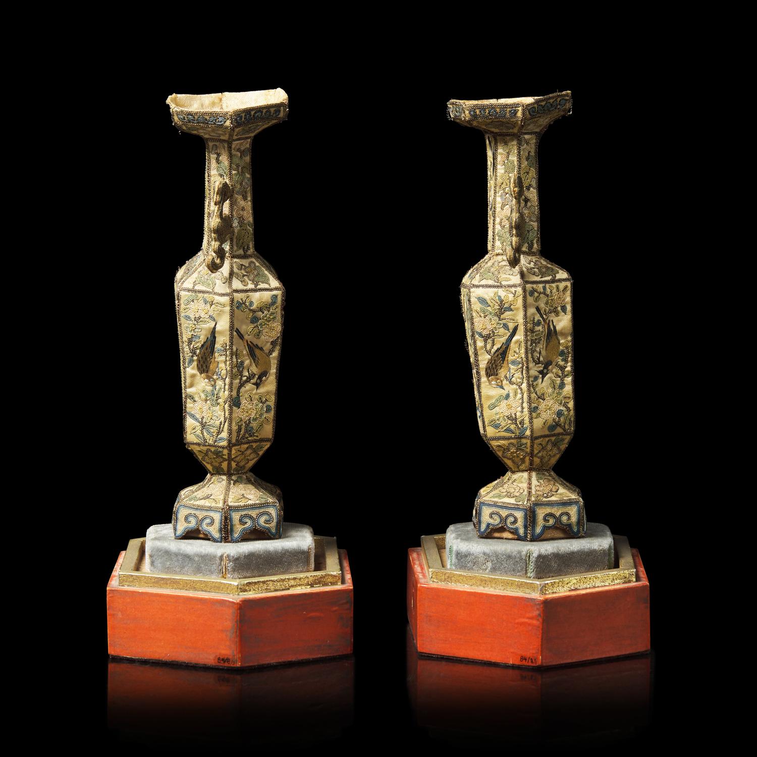 A Rare Pair of Chinese Embroidered Silk Hexagonal Vases, 19th Century 清晚期 粵綉拼接六方賞瓶一對