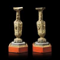 A Rare Pair of Chinese Embroidered Silk Hexagonal Vases, 19th Century 清晚期 粵綉拼接六方賞瓶一對