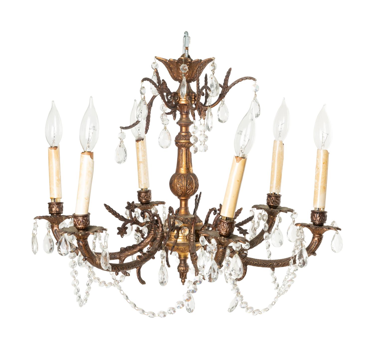 A Pair of French Gilt Metal Six-Light Chandeliers