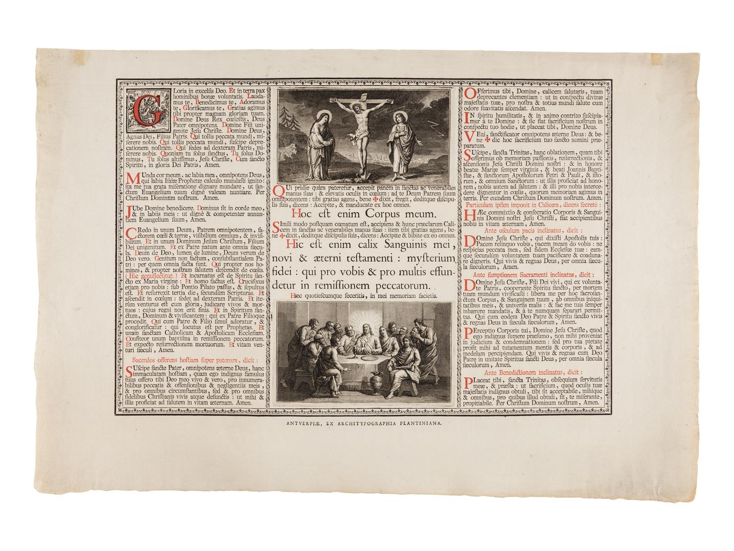 [PLANTIN PRESS]. Broadside printing of the Liturgy of the Eucharist. Antwerp: Architypographia Plantiniana, n.d. [ca 18th-century?].